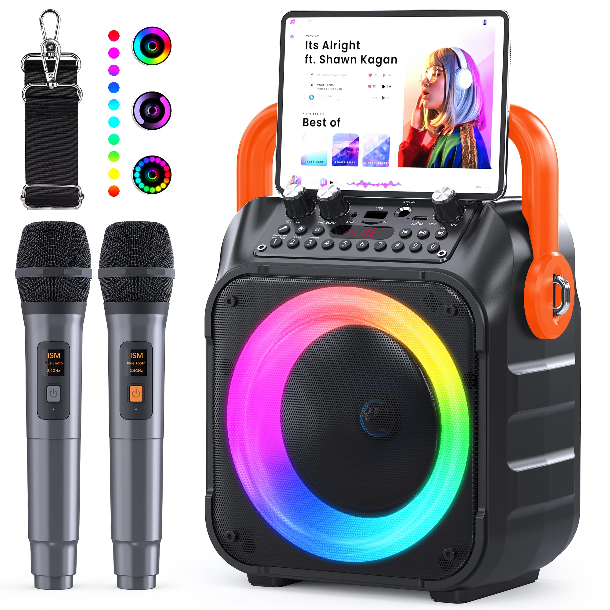 Ankuka Karaoke 2 Microfonos Inalambricos Karaoke Profesional Altavoz con Microfono y Sistema PA, Soporta Bluetooth/TV/TF/USB/AUX/FM/TWS(Naranja)