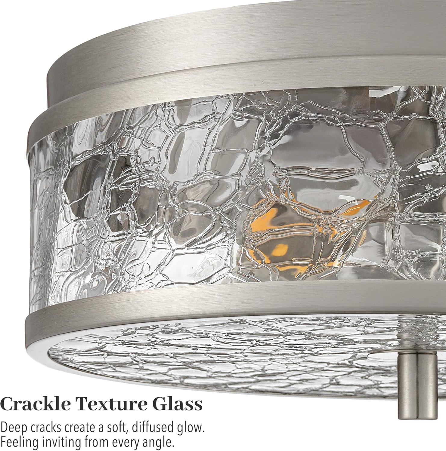 12" Brushed Nickel Flush Mount Ceiling Light, 2-Light Crackled Tempered Glass Ceiling Light Fixture, Modern Transitional Close to Ceiling Lighting for Kitchen Hallway Foyer Bedroom Bathroom