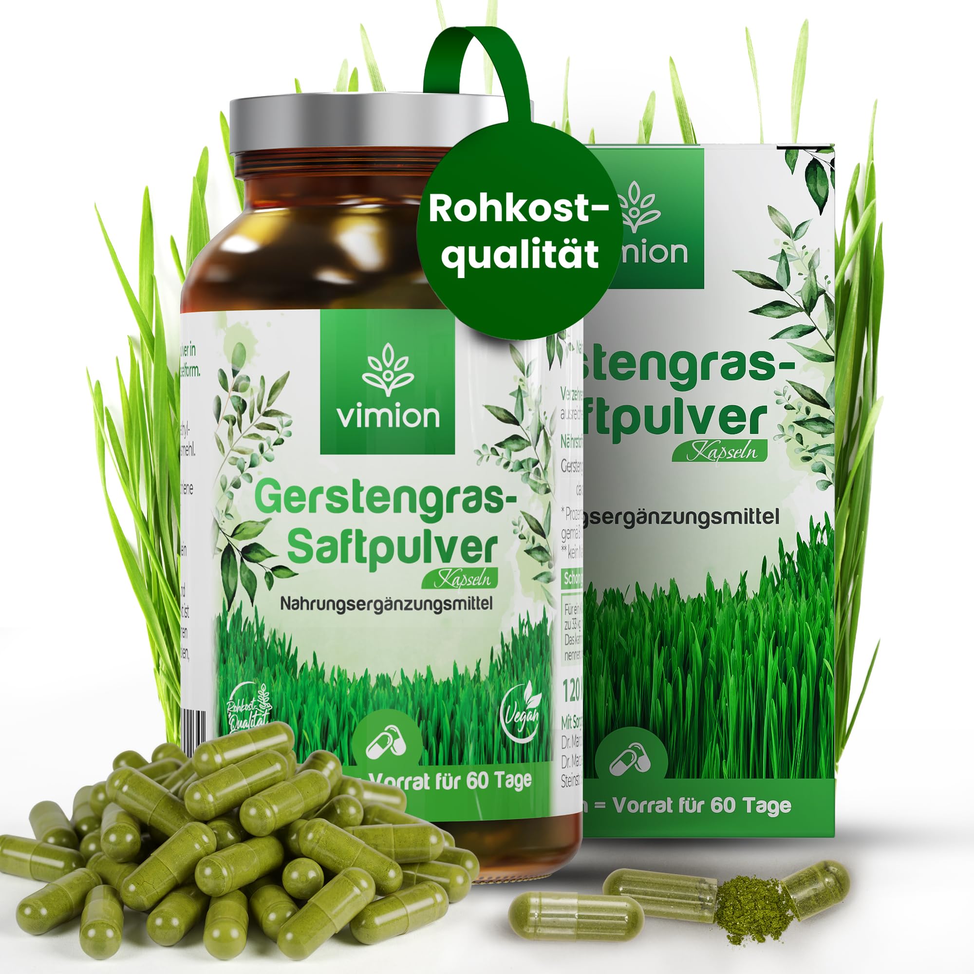 Gerstengras-Saftpulver -120 Kapseln - Hochkonzentrierter als herkömmliches Gerstengras - Natürlich reich an Chlorophyll - 100% Vegan - GMO-frei - für 60 Tage