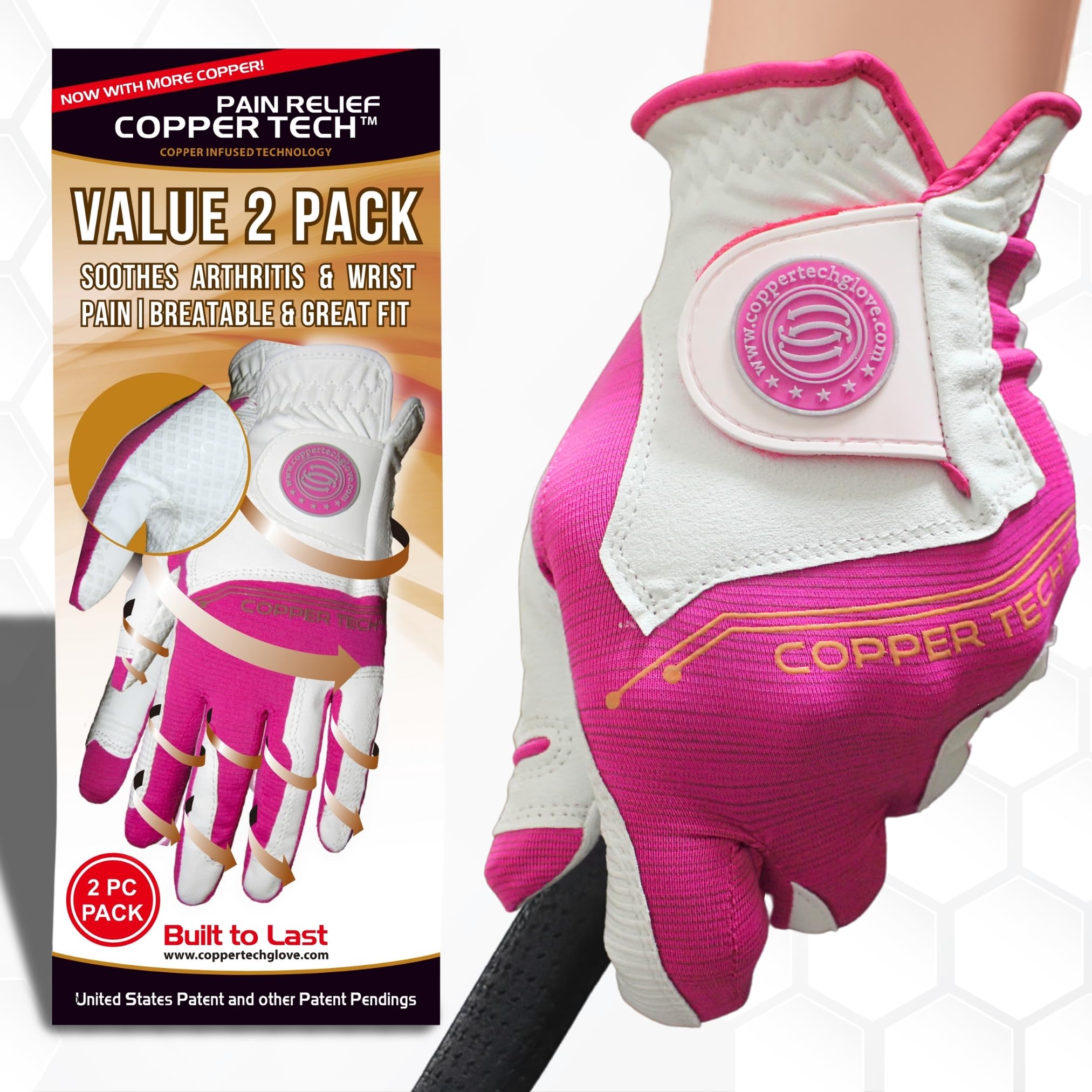 Copper Tech Ladies Golf Gloves Women Right Handed Golfer or Left Handed Golfer 2 Pack | Copper Compression Joint Support | Flexible & Comfortable Fit with Premium Leather | Tacky Grip Reinforced Pad