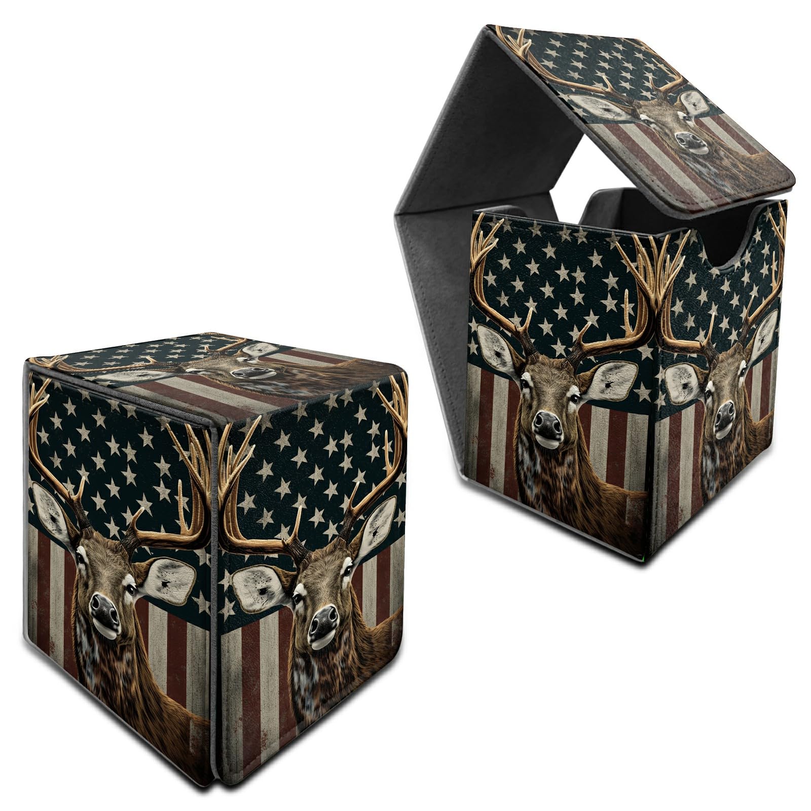 RWUTYTIUL for MTG Commander Deck Box, Card Storage Box Fits 100+ Sleeved Cards, PU Leather Large Size Strong Magnet Card Deck Case Holder for Board Game Magic MTG TCG CCG, American Flag Deer
