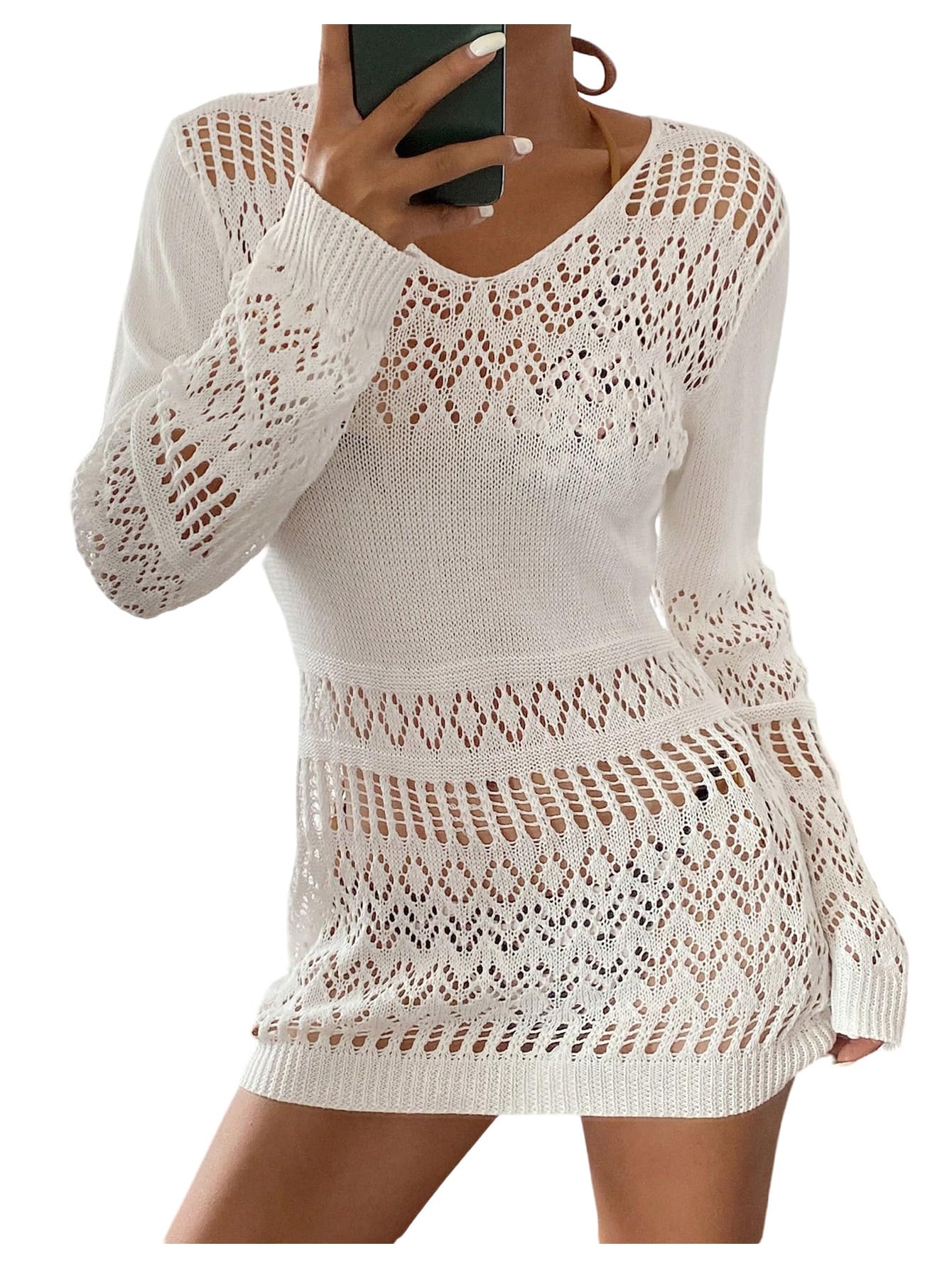 SweatyRocks Womens Beach Crochet Cover Ups Summer Swimwear Mesh Lightweight Long Sleeve Knitted Pullover Tops