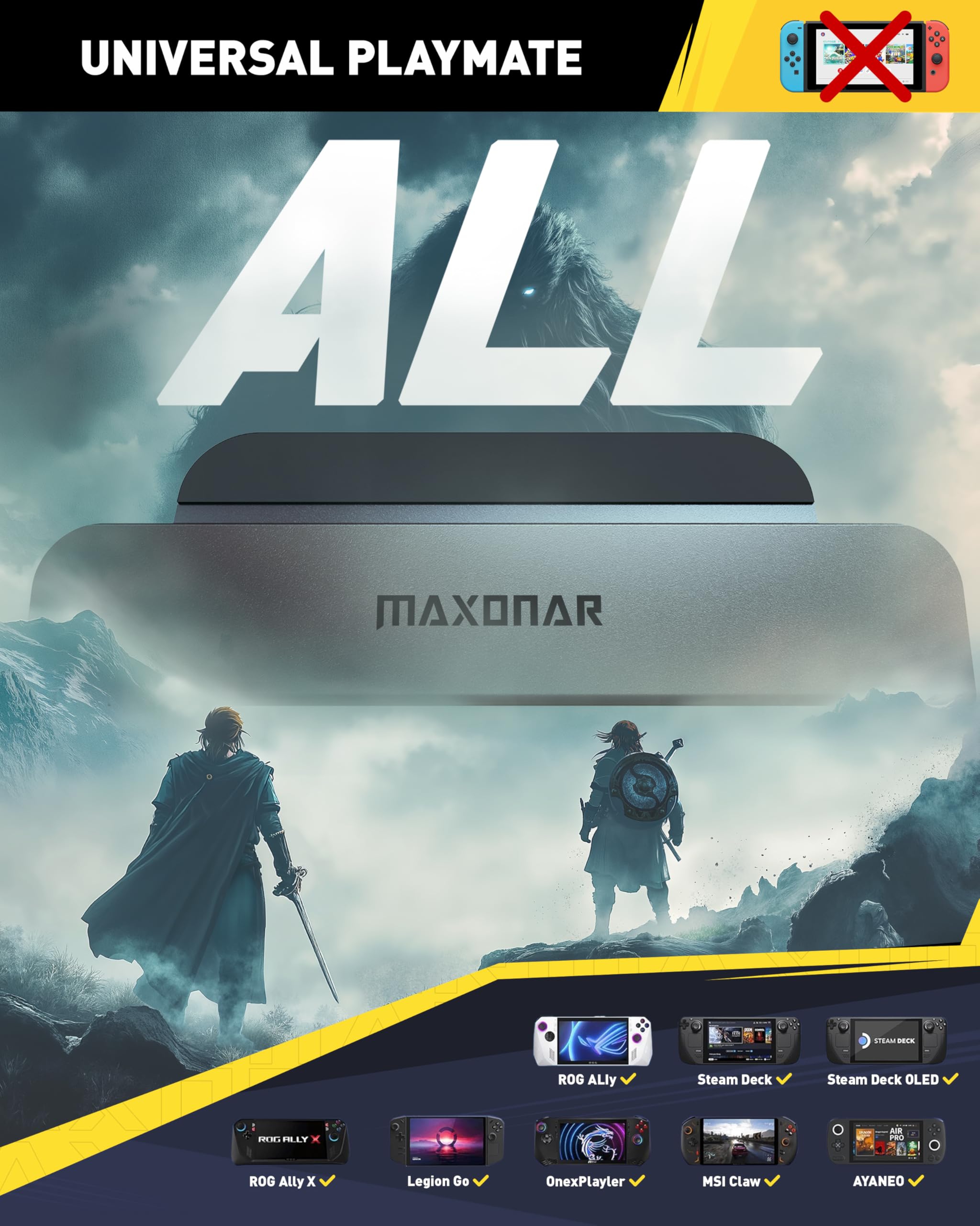 Maxonar Estación de acoplamiento 6 en 1 con cargador PD Gan de 65 W (Hyper-Grip, HDMI 2.1, 4K 120Hz) para ROG Ally X/Steam Deck/Legion Go/MSI Claw con 3 USB-A 3.0, 1000 Mbps, carga USB-C de 100 W