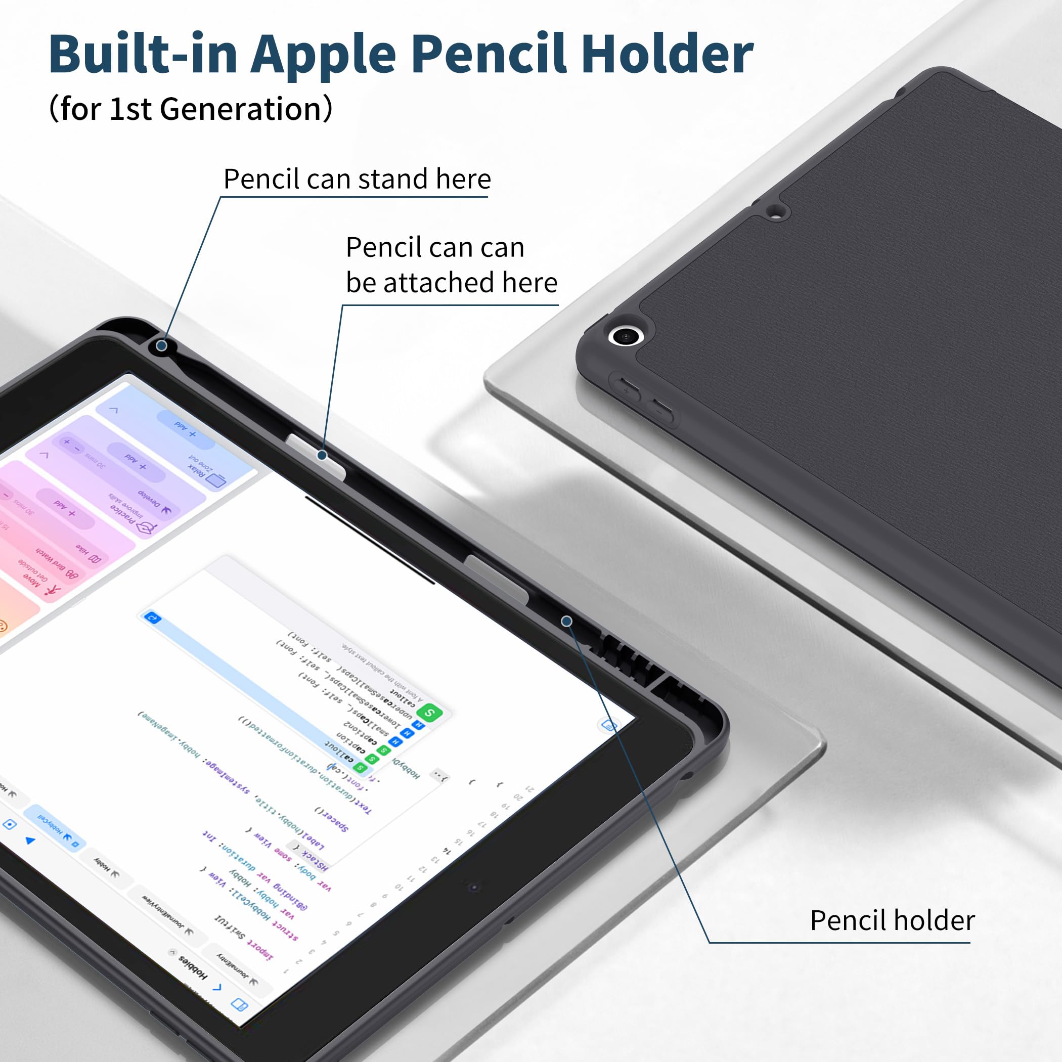 CACOE Cover Custodia Compatibile con iPad 9a Generazione 2021/iPad 8a Gen 2020/iPad 7a Gen 2019, Leggero Cover Protettivo Supporto con Pencil Holder per iPad 10.2, Grigio Scuro