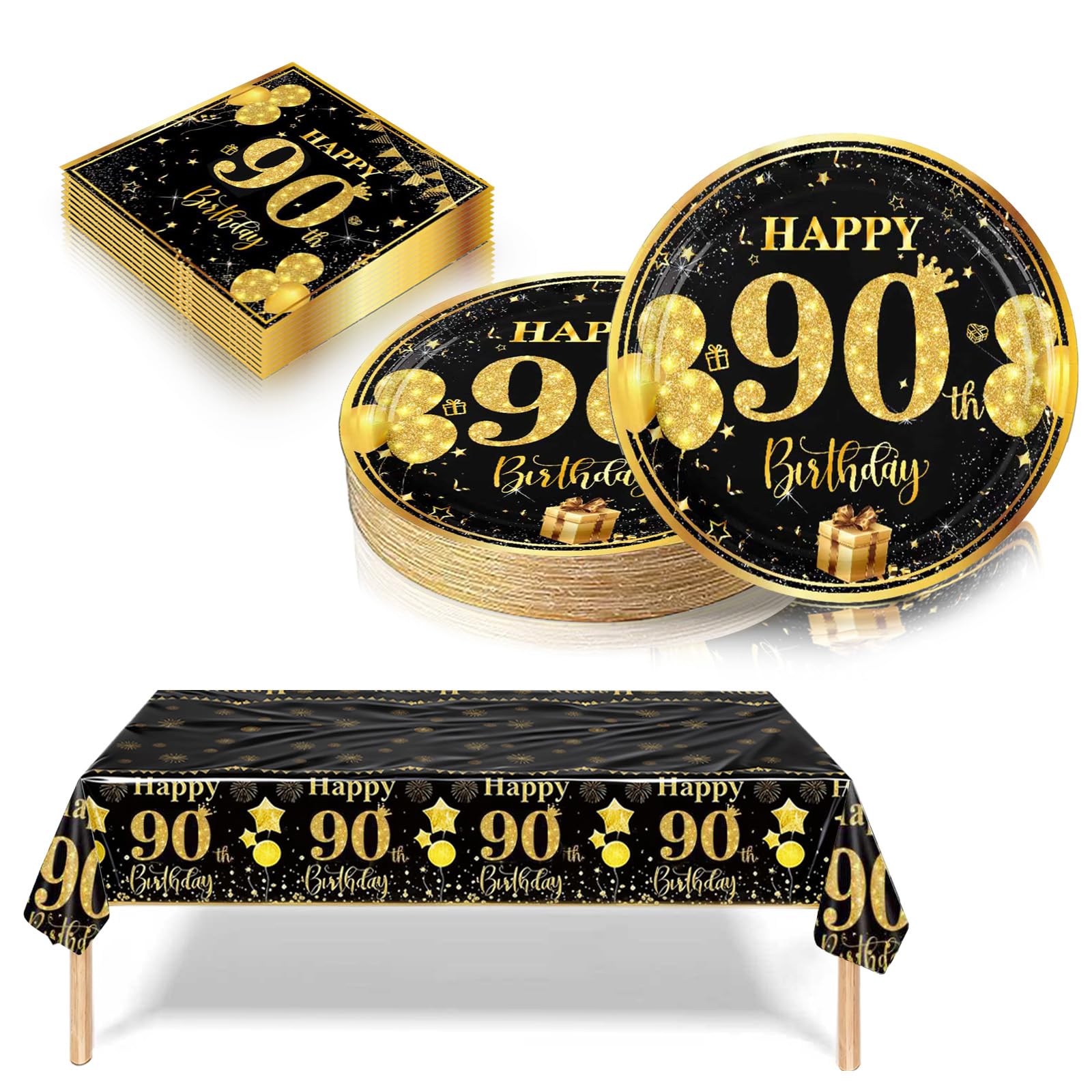 90th Birthday Decorations Black and Gold, 37Pcs Happy Birthday Party Tableware include Paper Plates and Napkins, Plastic Table Cloth for Man Women 90th Party Table Decorations (16 Guest)