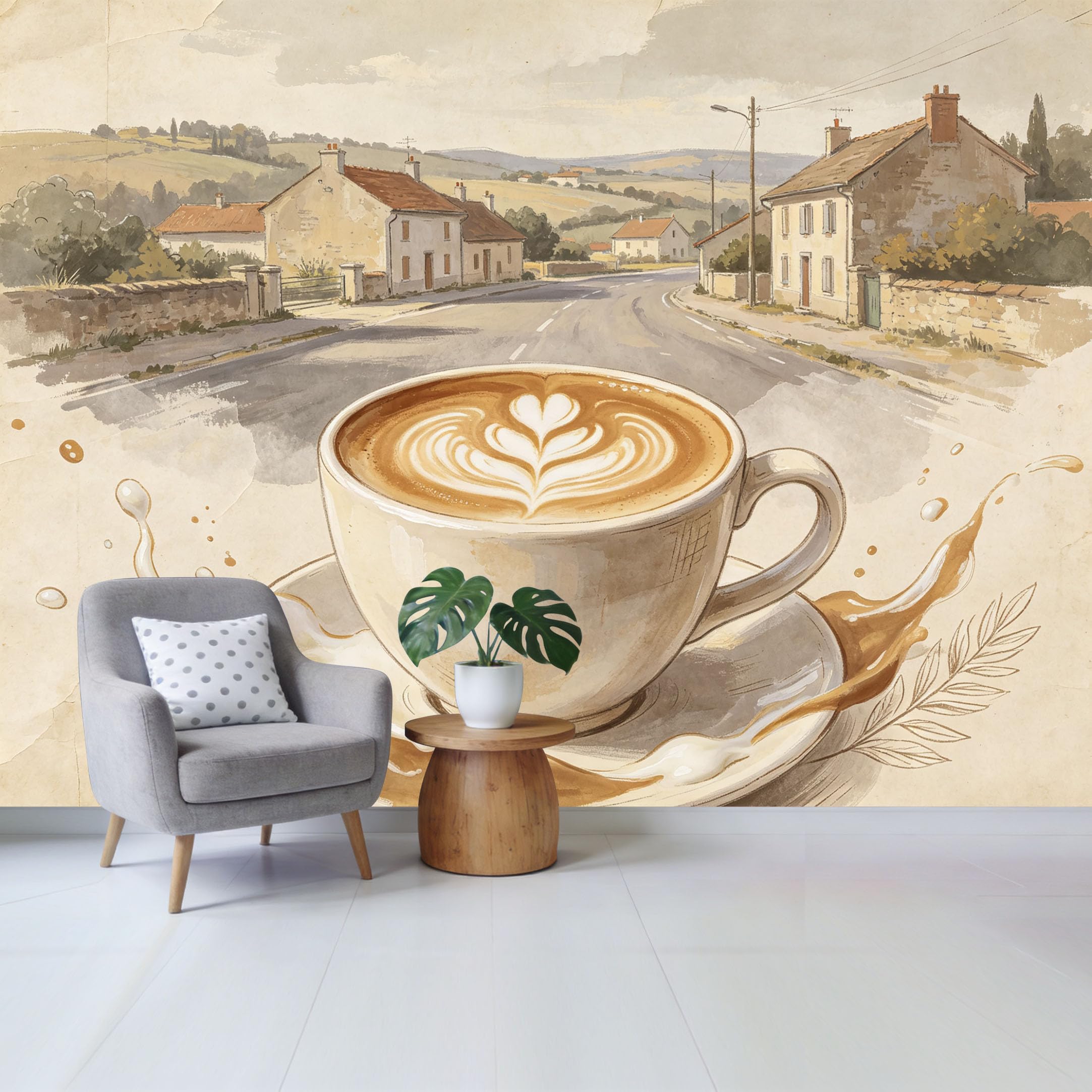 Qzlithotic Yq2605250636 Custom Size Wall Mural Latte Coffee Cup Farmhouse Rural Landscape Watercolor Style Selfadhesive Wall Fabric Removable Wallpaper For Home Office Decor