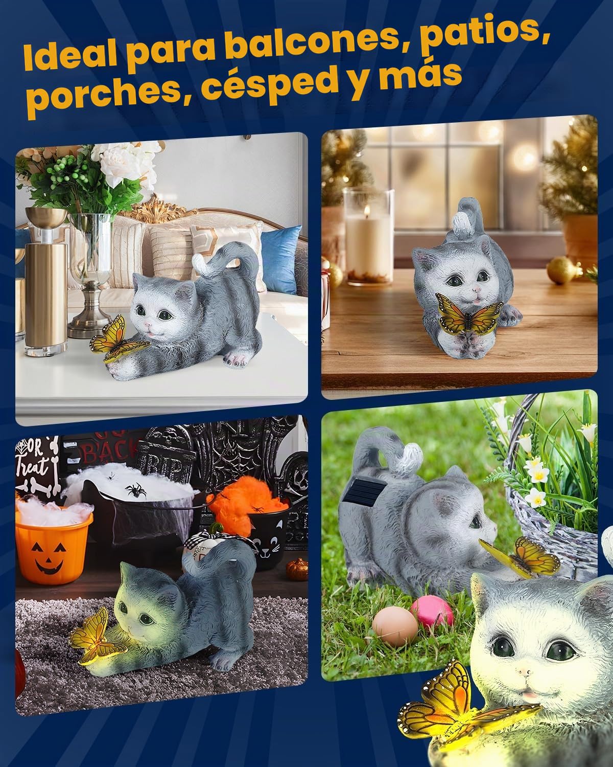 Pawfly Estatuas Solares Jardín, Decoración Solar Exterior, Decoración Gato con Luz Mariposa, Figura Resina Gato, Estatuas Gato Exterior Luces Solares para Jardín, Terraza, Balcón, Porche, Césped y Pat