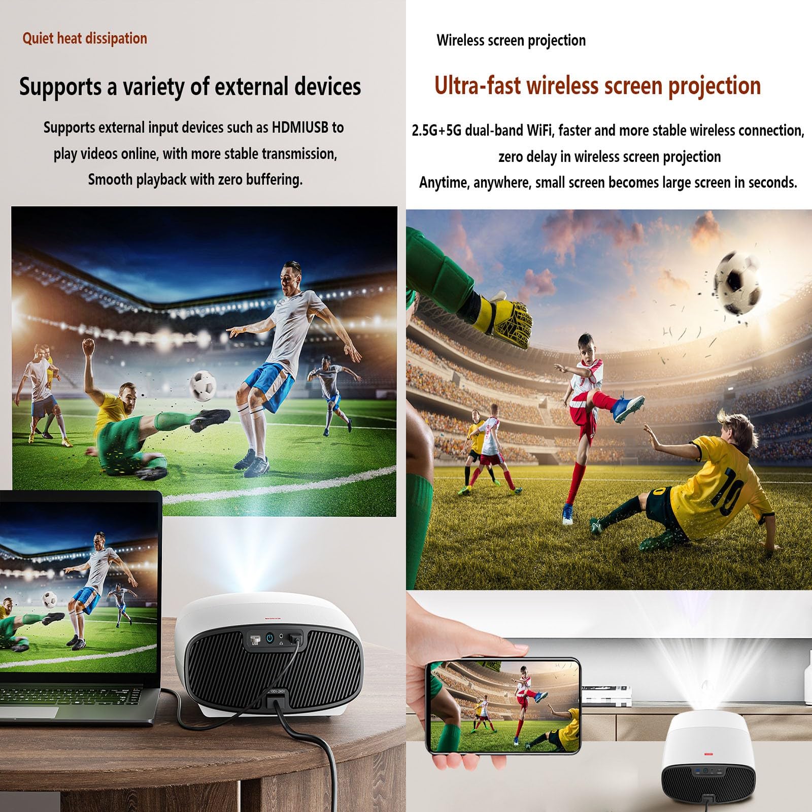 Mini Proiettore Portatile,Videoproiettore 4K Per Esterni/Home Cinema,Correzione Trapezoidale Focus Elettrico Videoproiettore Compatibile Con Smartphone/PC/HDMI/USB A