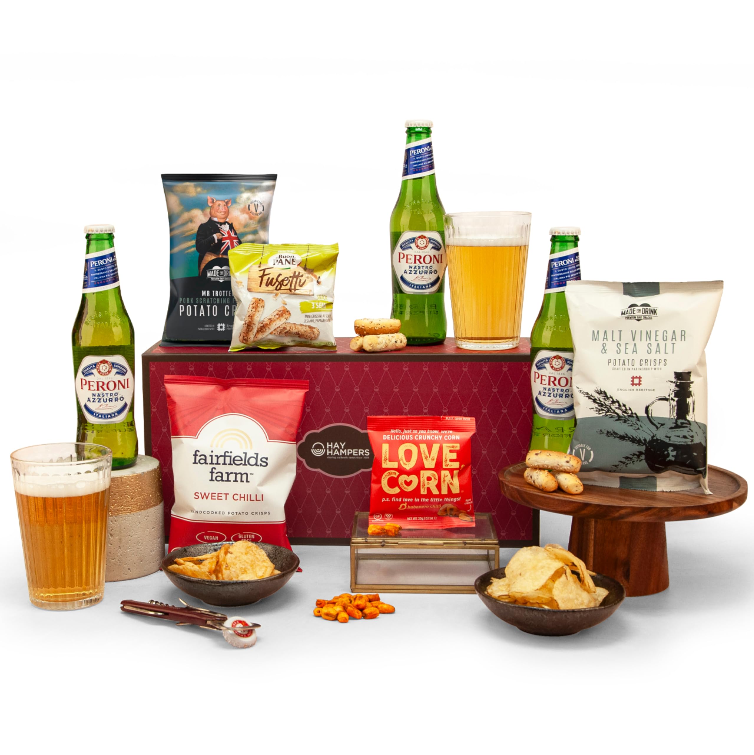 Beer and Pub Snacks Hamper - Gift Hamper with Peroni Lager, Pub Snacks, Crisps, Breadsticks & Corn Kernels – Gift for Dad, Best Dad Hamper, Beer Hamper for Men, Pub in a Box - by Hay Hampers
