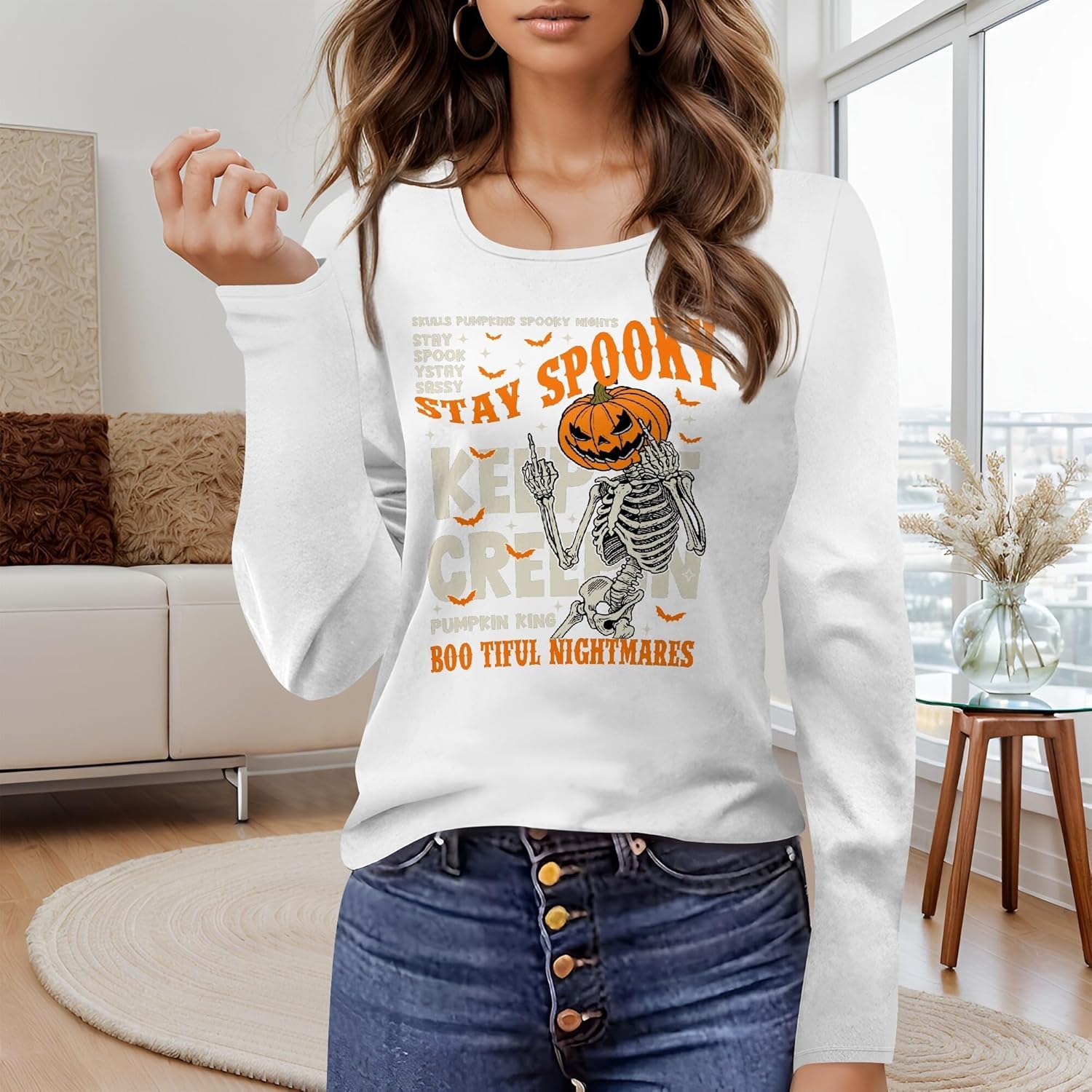 domirica Halloween Sweatshirt Loose Fit U-Neck Spooky Graphic Sweatshirts Fall Halloween Costumes For Holiday Party 2025