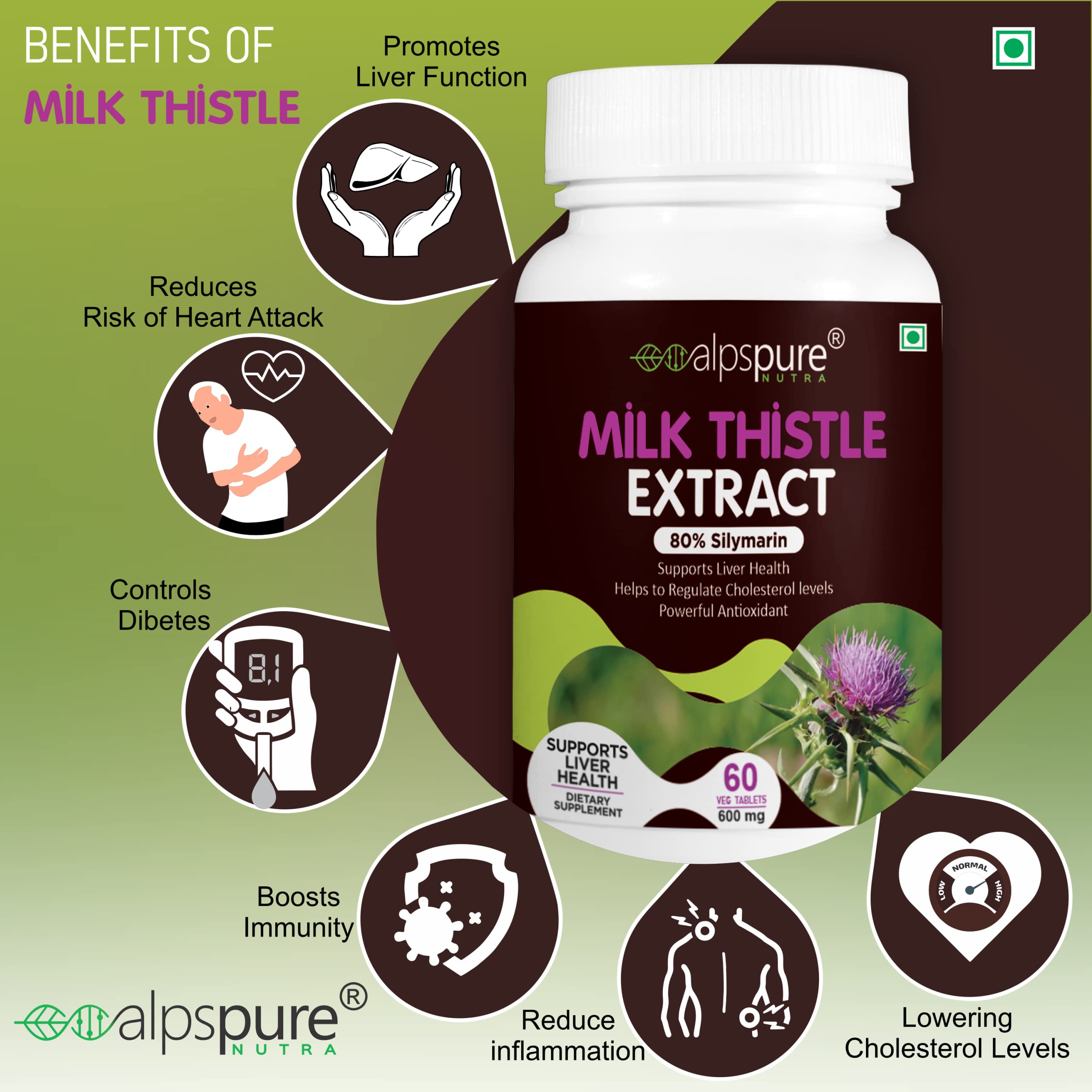 Alpspure Nutra Milk Thistle Extract Tablets -80% Silymarin | Liver Support & Detox Supplement (60 Tablets) Helps in Cleanse Liver for Men and Women pack of-1 - Image 5 thumbnail