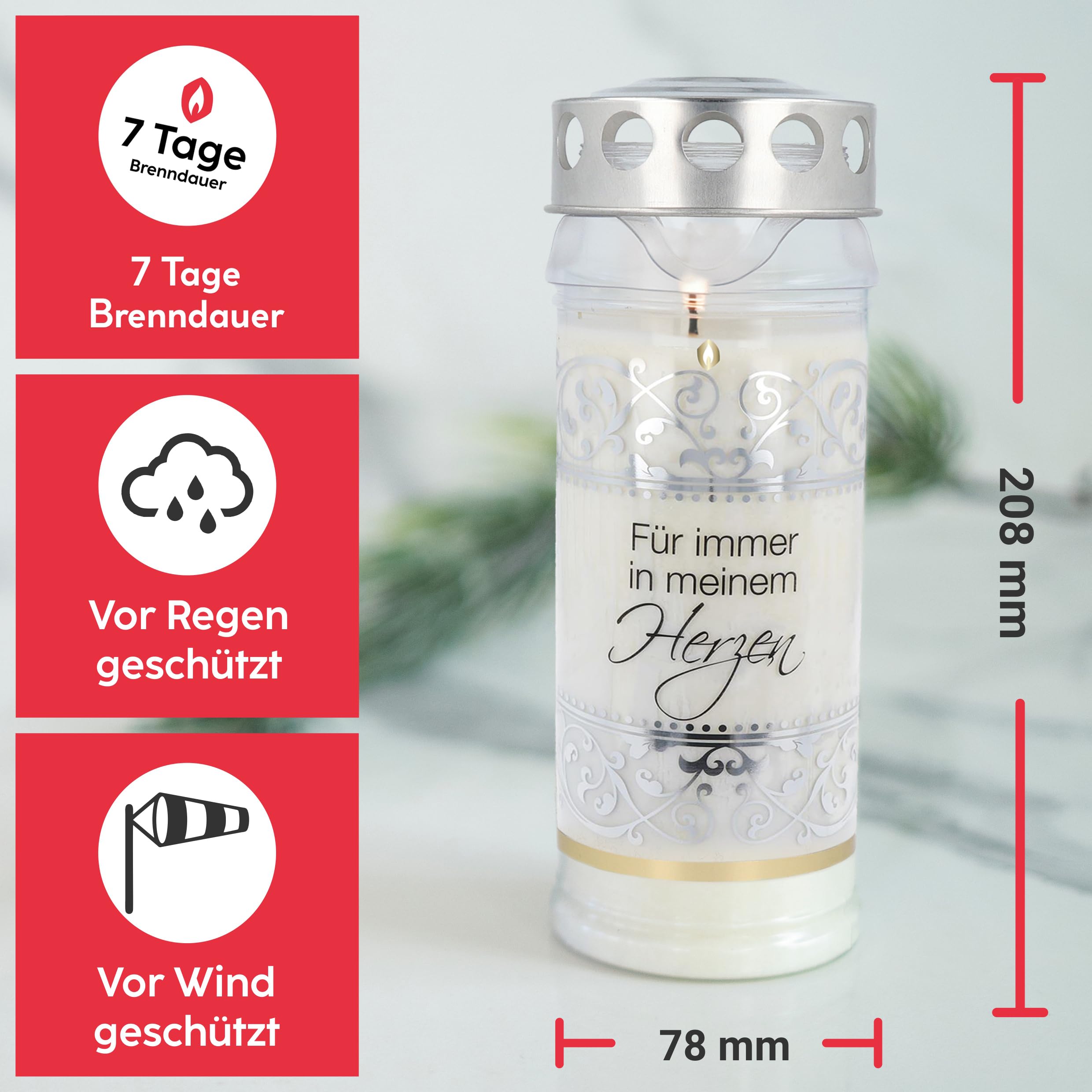 12-częściowy zestaw świec pogrzebowych HOFER czas palenia 7 dni – oryginalny produkt [Ewiheit Select] świece żałobne z pokrywką | znicz świeca cmentarna z motywem i sentencją | świece do dekoracji