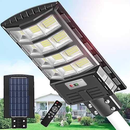 BUYTHA Luces solares de calle para exteriores, impermeables, luces LED de calle de 600 W, alimentadas por energía solar con control remoto y sensor