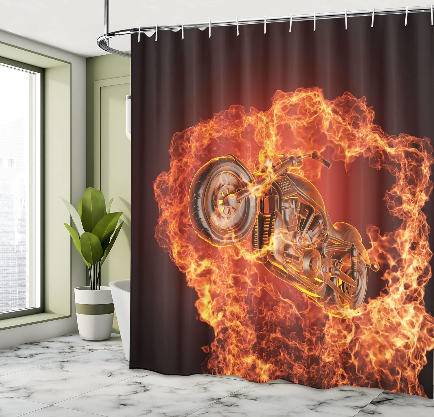 Ambesonne Manly Shower Curtain, Chopper Bike Bursting Through Motorbike Motorcycle Dangerous Sport Art, Cloth Fabric Bathroom Decor Set with Hooks, 69" W x 75" L, Dark Orange Marigold