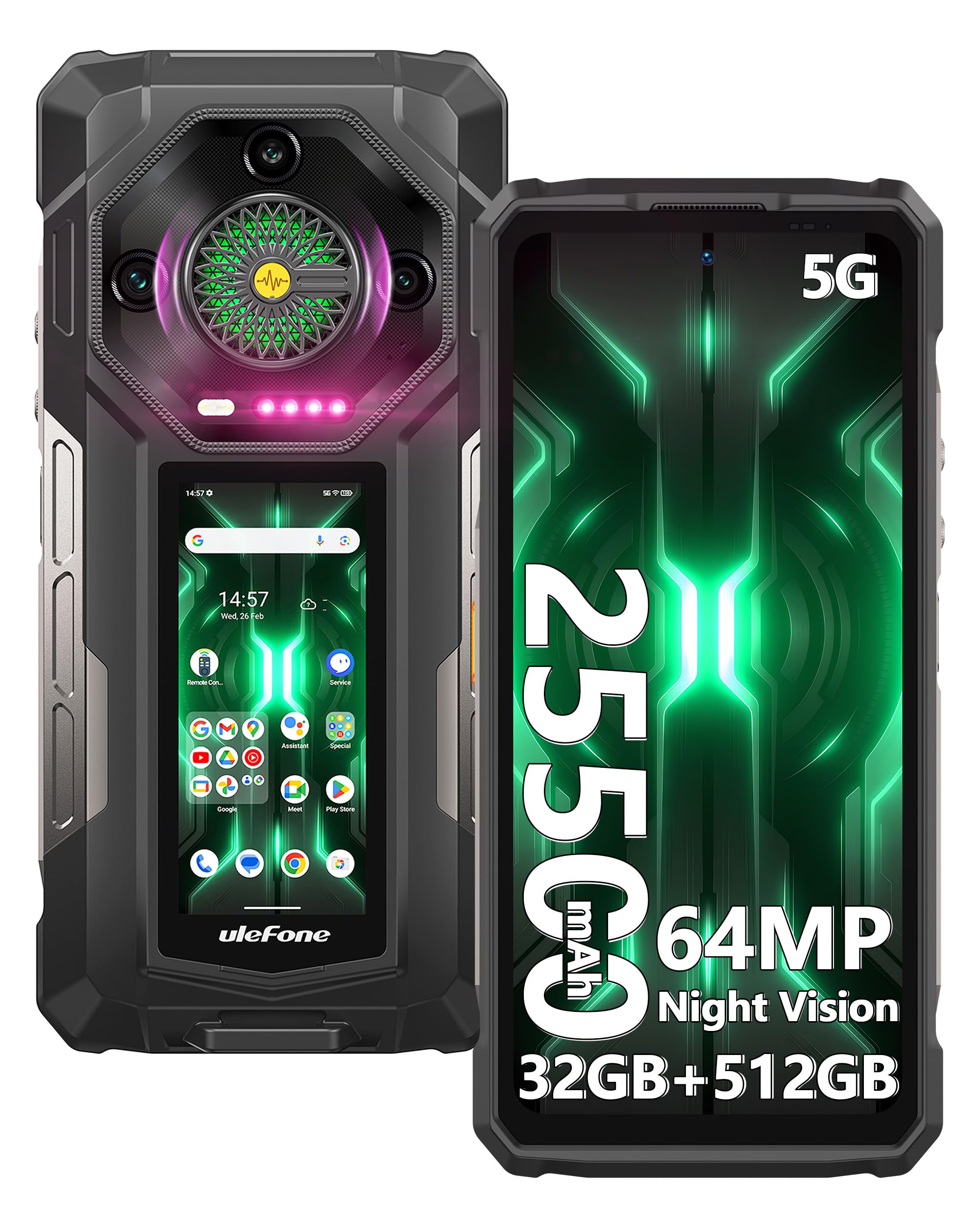 Ulefone 25500mAh Armor 33 Pro Rugged Smartphone 5G, 32GB+512GB/2TB, Dimensity 7300X, 6,95" FHD+ 120Hz+3,4" Schermo Secondario,50MP+64MP+32GB, Android 14 Telefono Indistruttibile, WIFI6E/NFC/GPS