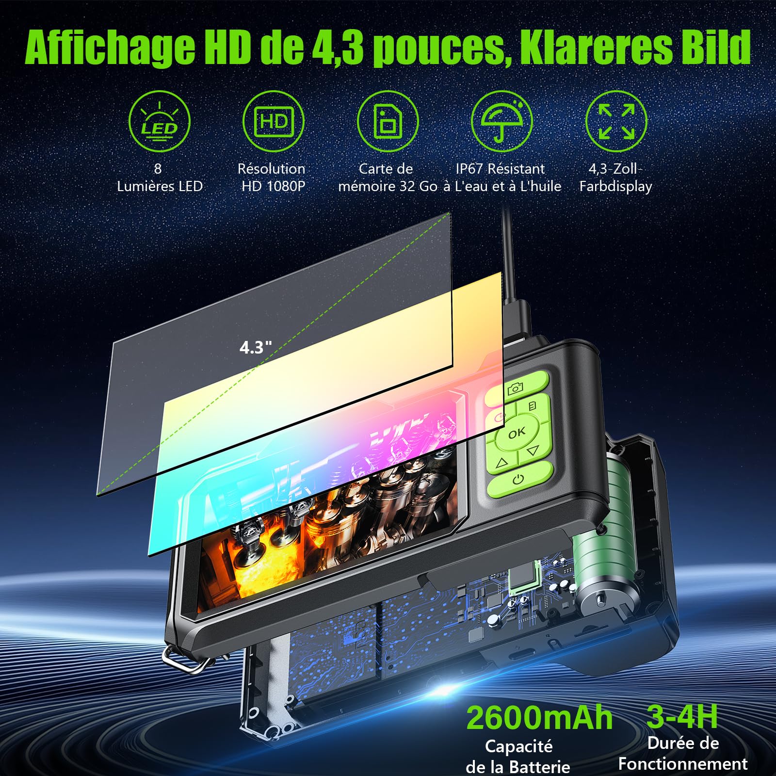 Camera Endoscopique 4.3'' Écran IPS 1080P HD – Caméra d'Inspection Étanche IP67 avec 8 LED et Sonde 8mm, Câble Semi-Rigide 5M avec 32GB Carte TF pour Canalisation, Voiture, Tuyau, Atelier