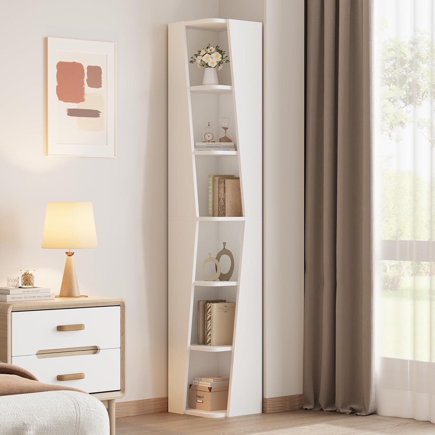 IRONCK 71" Tall Narrow Bookcase, 6 Tier Corner Bookshelf, Cube Storage Display Shelf for Home Office, White