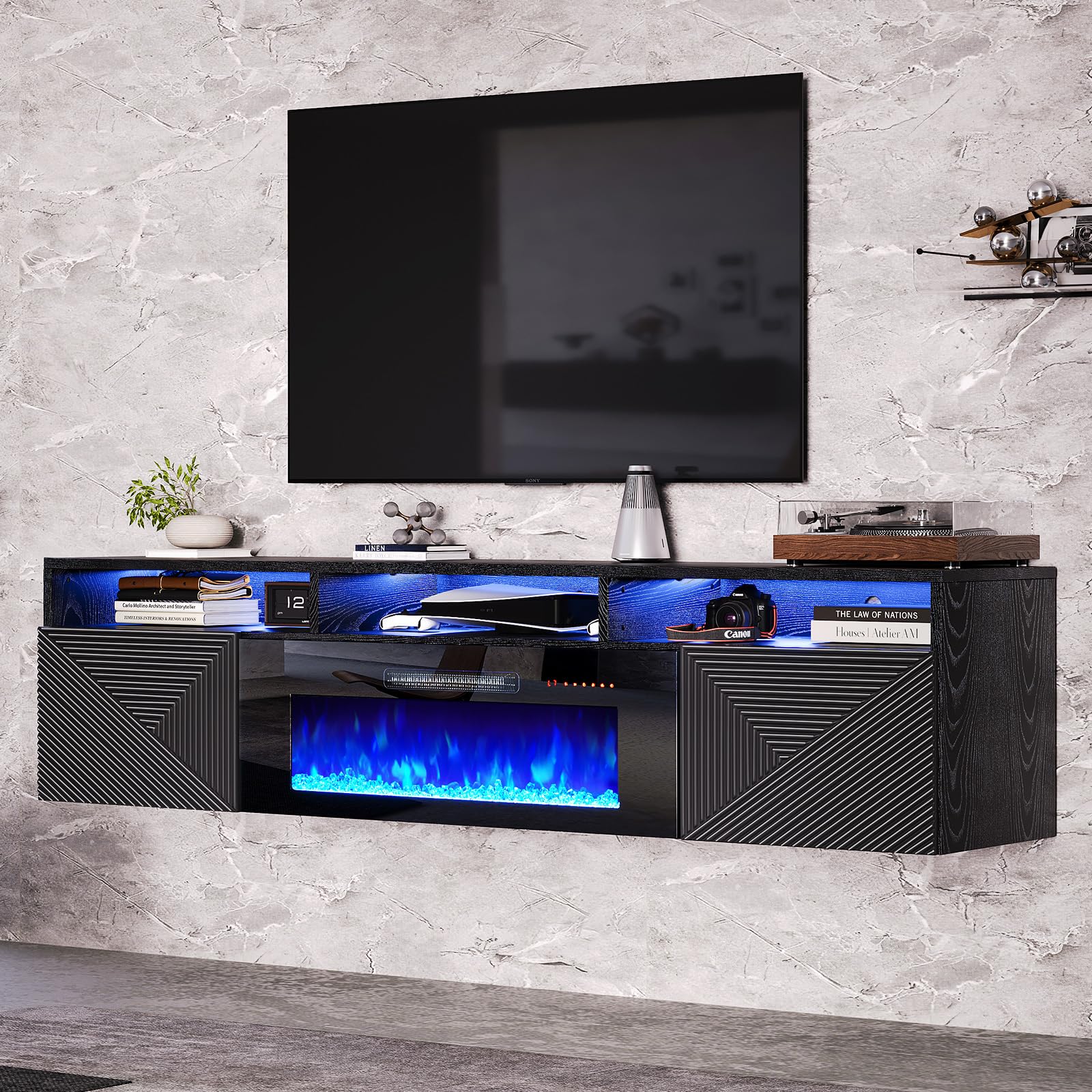 amerlife floating fireplace tv stand with 36" electric fireplace, 70in wall mounted entertainment center with storage, media console with high gloss doors for tvs up to 80", all black