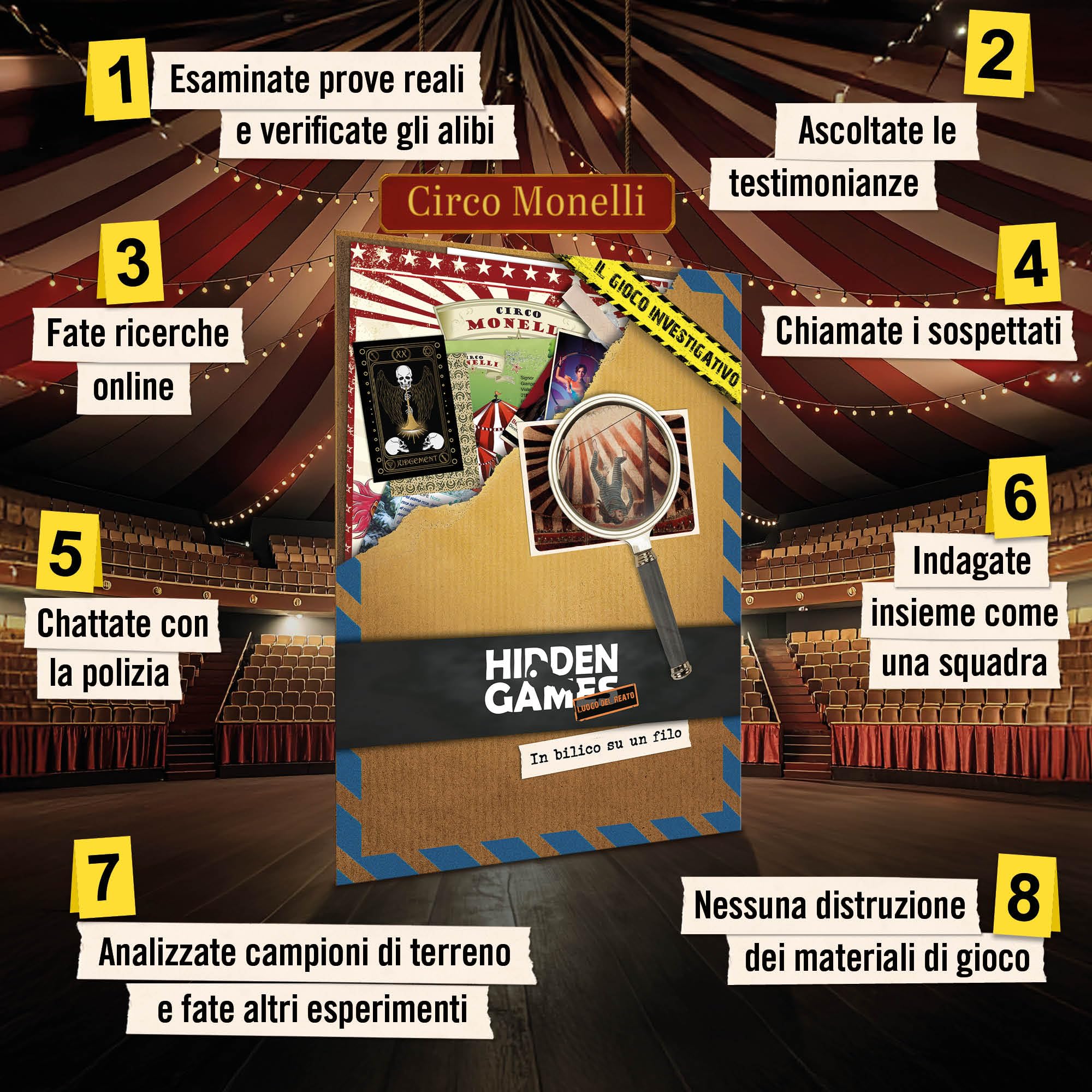 Hidden Games Luogo del Reato – In bilico su un filo – gioco investigativo, tipo Escape Room da tavolo, giochi nascosti, risolvi un caso, gioco detective, caso da risolvere, cold case box