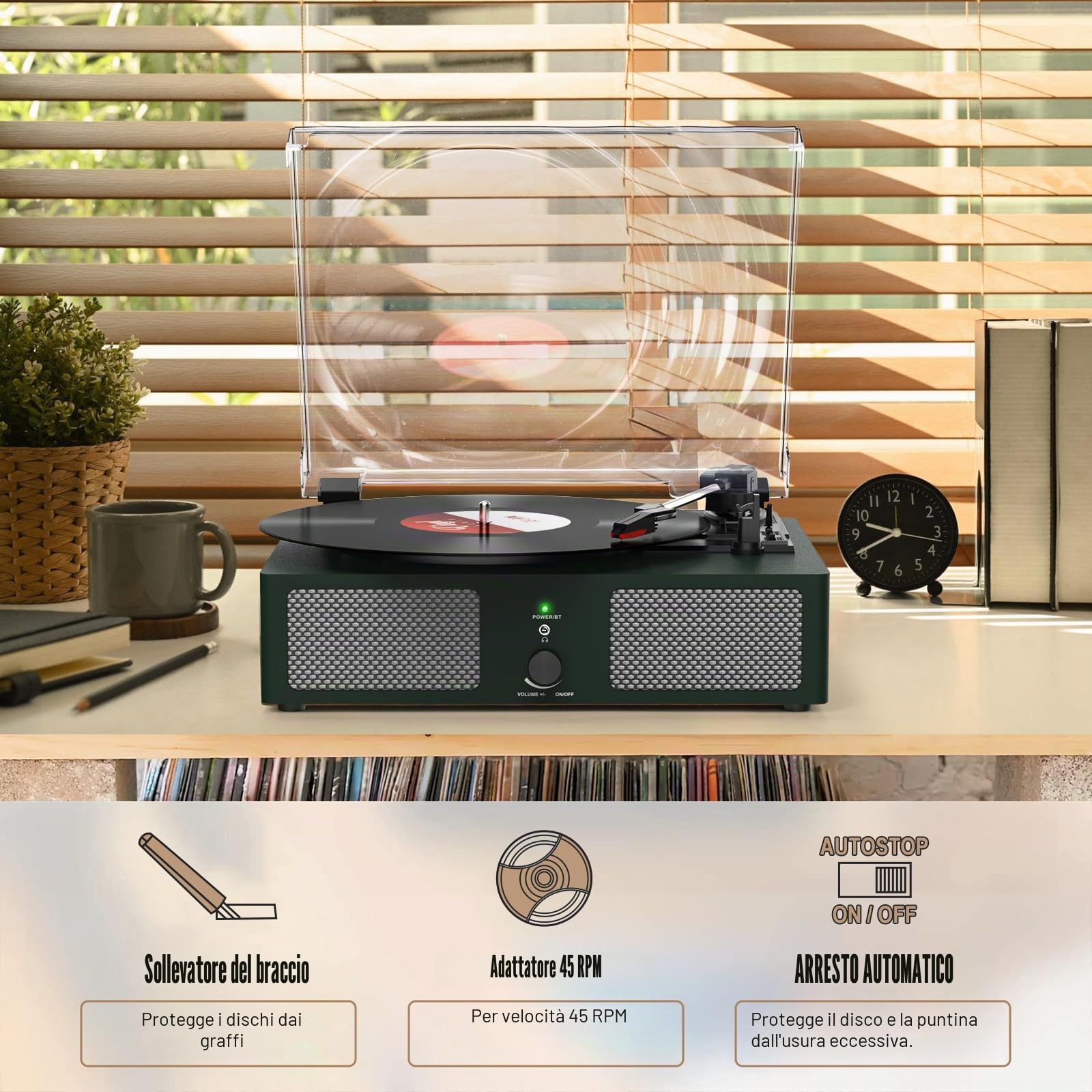 Udreamer Giradischi Bluetooth con Altoparlanti Integrati, Fonografo Vintage 3 Velocità, Verde