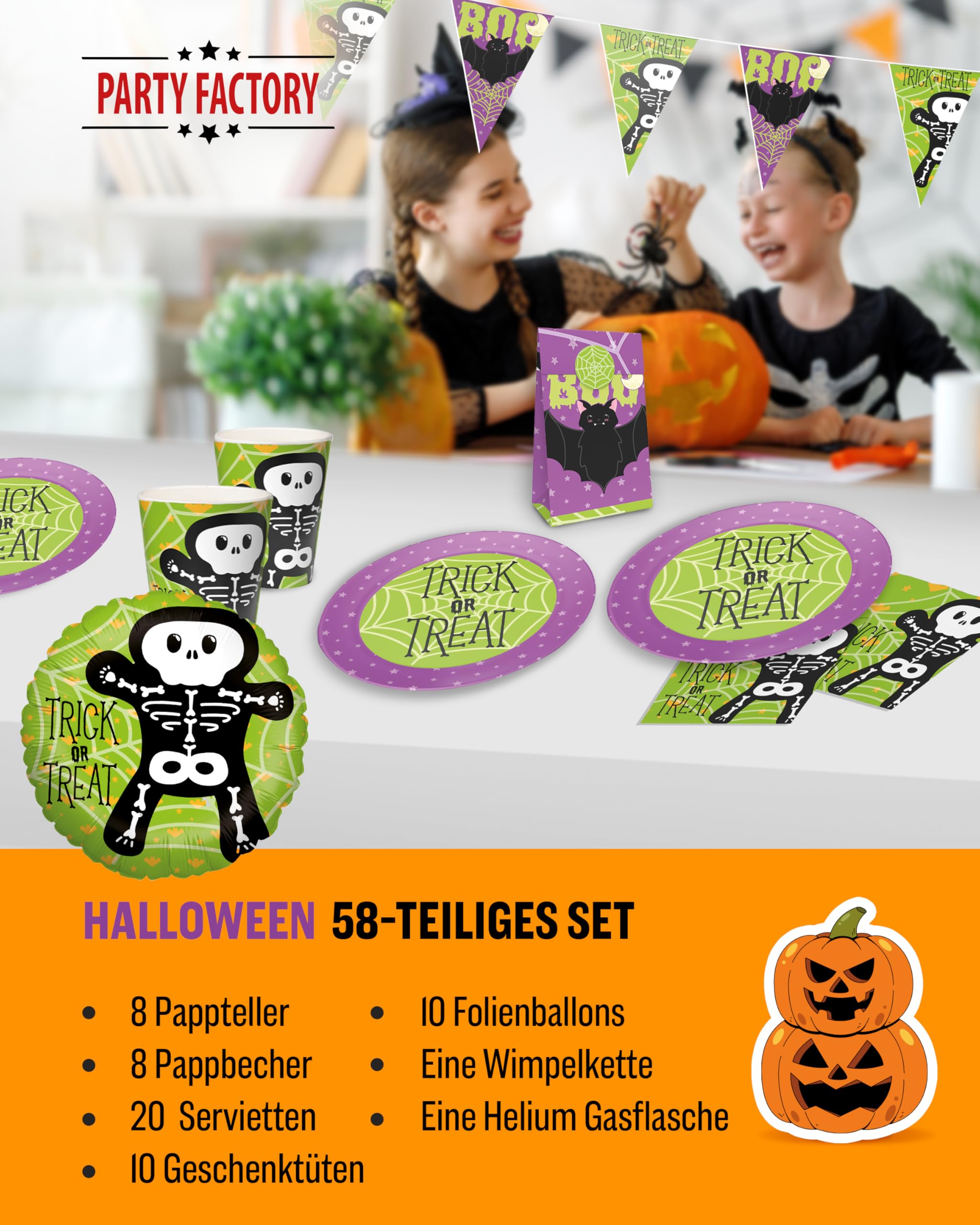 Party Factory – Halloween Partydeko Komplettset für Kinder - 57 tlg. Tischdeko Pappgeschirr mit Wimpelkette für Halloweenpartys & Mottopartys - Party Deko Bundle mit Tellern, Servietten etc.