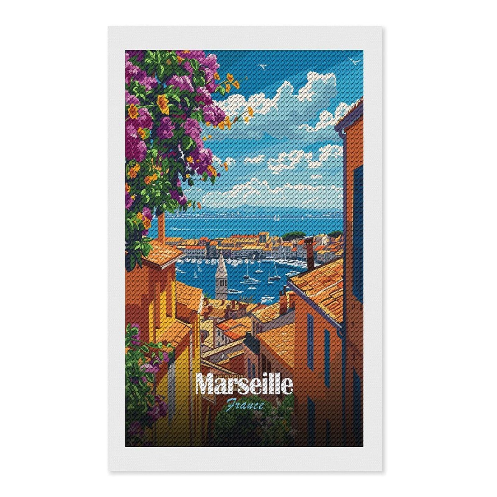 Junmoney Marseille, France Cityscape Illustration Diamond Painting Kit 12"x20", for Women, Simple to Start, Bedroom Decor, Christmas Gift, Good for Quiet Evenings