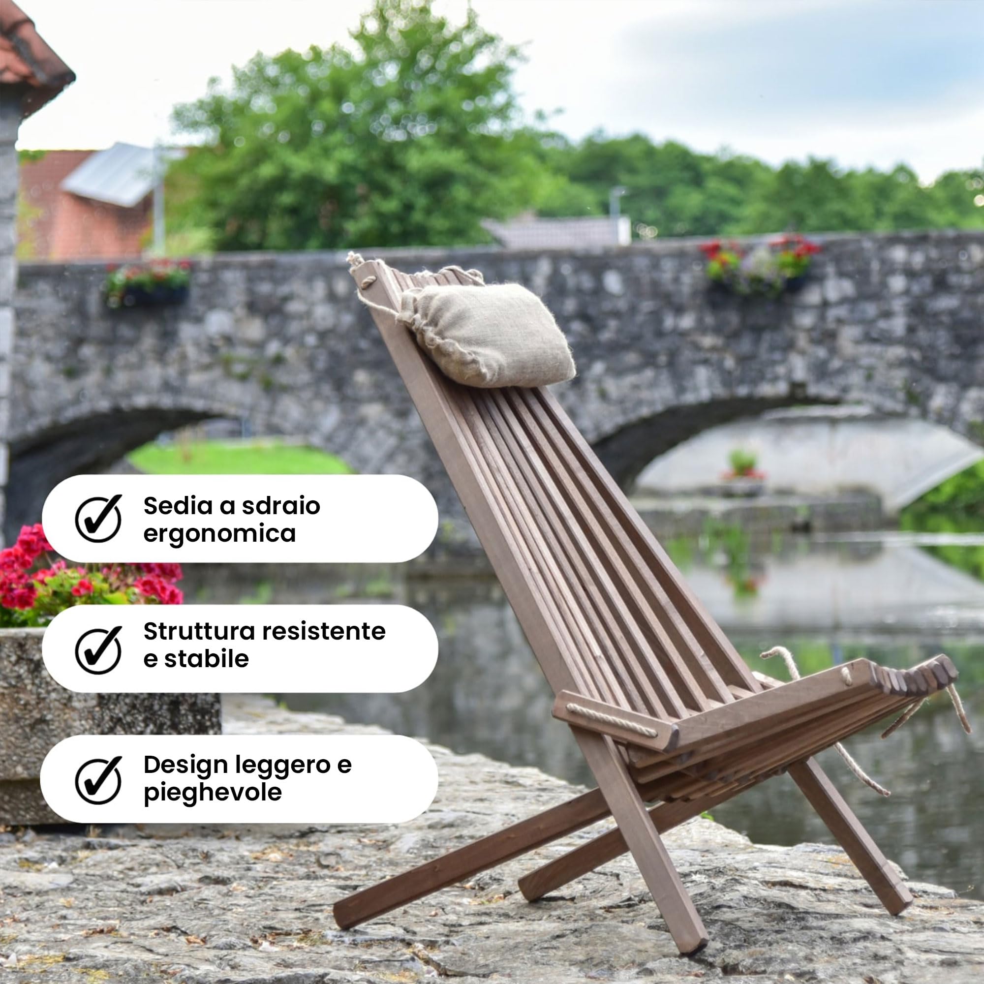 Sedia a sdraio pieghevole in legno, 2X 106x56x86 cm | Lettino da sole con cuscino in juta, Design ergonomico, Per uso esterno e interno, Durevole e elegante
