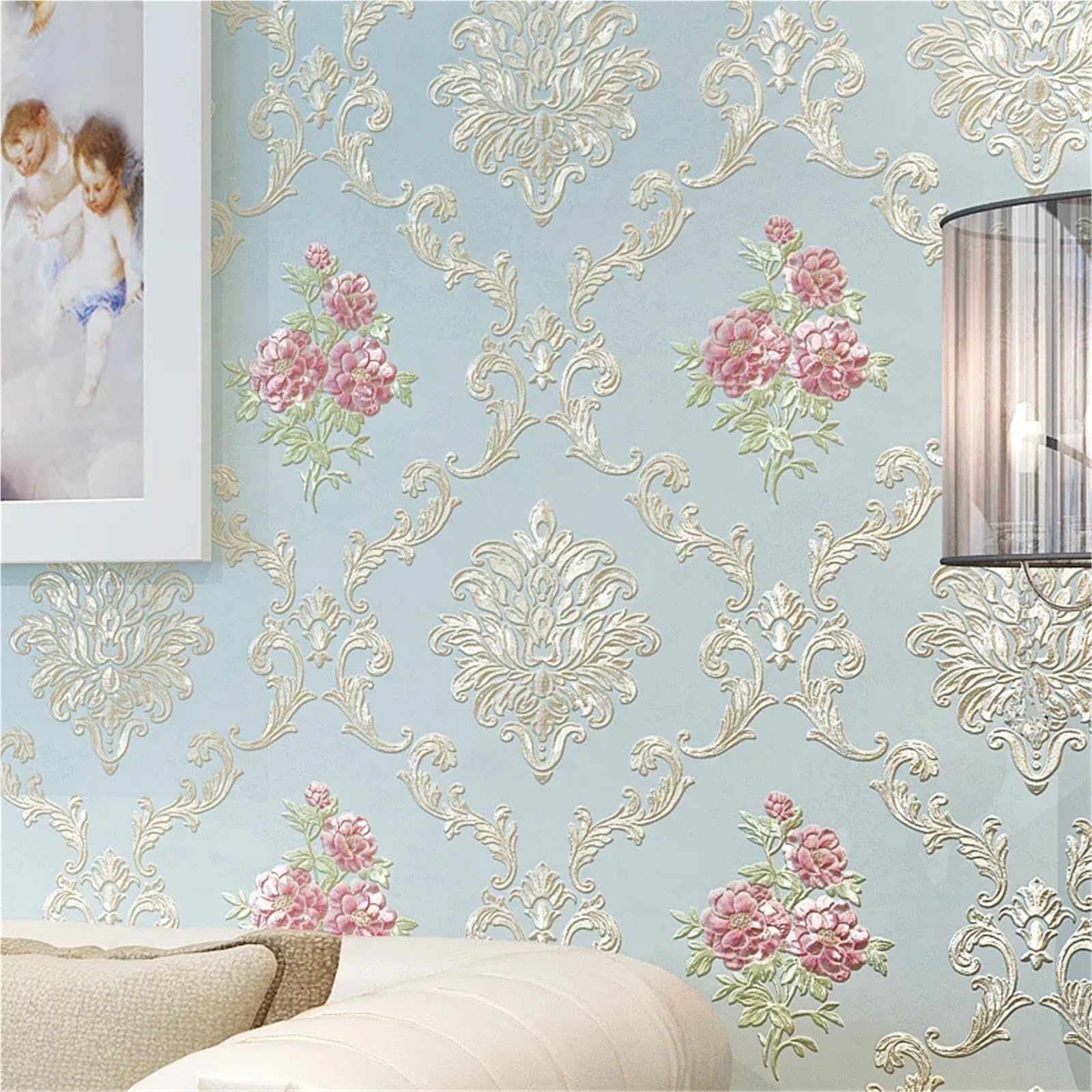 Carta da Parati Carta da parati autoadesiva in tessuto non tessuto 3D for camera da letto, soggiorno, TV, sfondo, adesivo da parete for ristrutturazione(Light blue,10m(width 53cm))