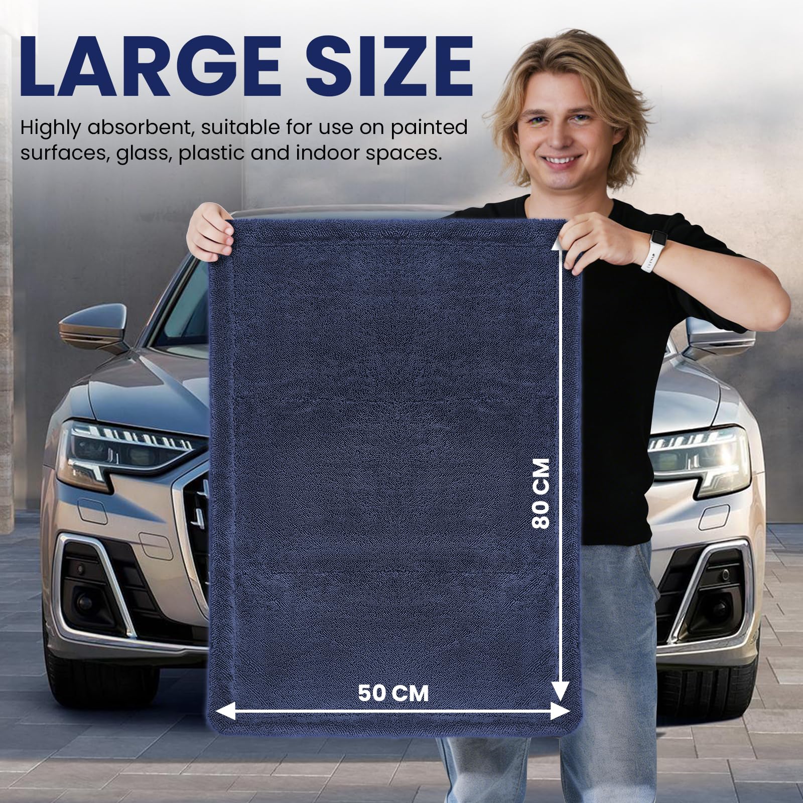 Omtofo 80×50 cm Microfibre Sechage Voiture, 1400GSM Super Absorbant Micro Fibre Sechage Voiture, Non Pelucheux, Fibres Arrondies Douces, Séchage sans Traces, sans Traces pour Auto Moto Vitre - 2