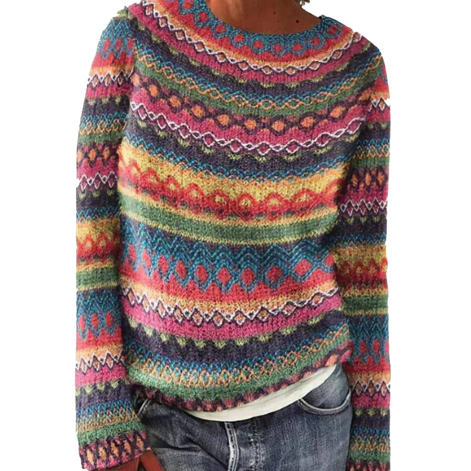 Generisch Noorse trui voor dames, elegante casual wintertrui met print, gebreid vintage sweatshirt, cardigan, Noors, warm, comfortabel, lange mouwen, korte gebreide trui, warme wollen trui, roze (hot