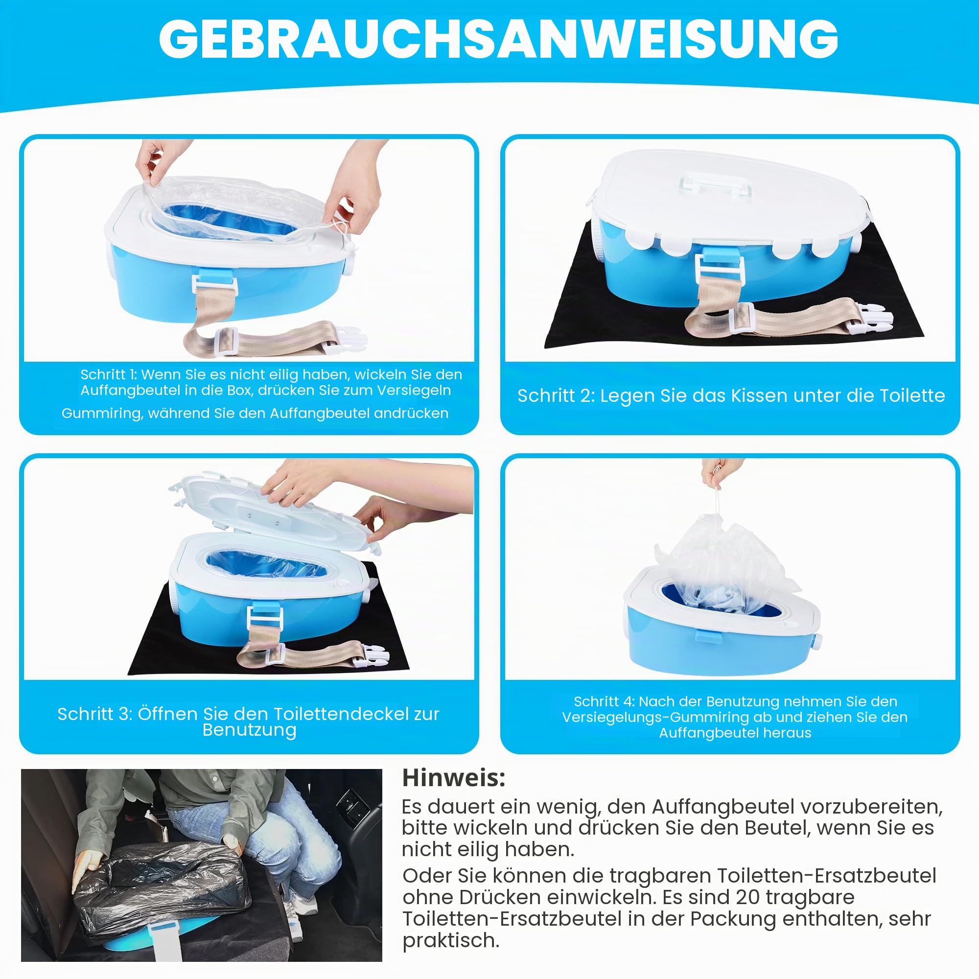 A ARCITON Tragbare Auto-Toilette für Notfälle im Freien, Camping, Wandern, Autoreisen, Stau, Bootfahren, Roadtrips, Blau