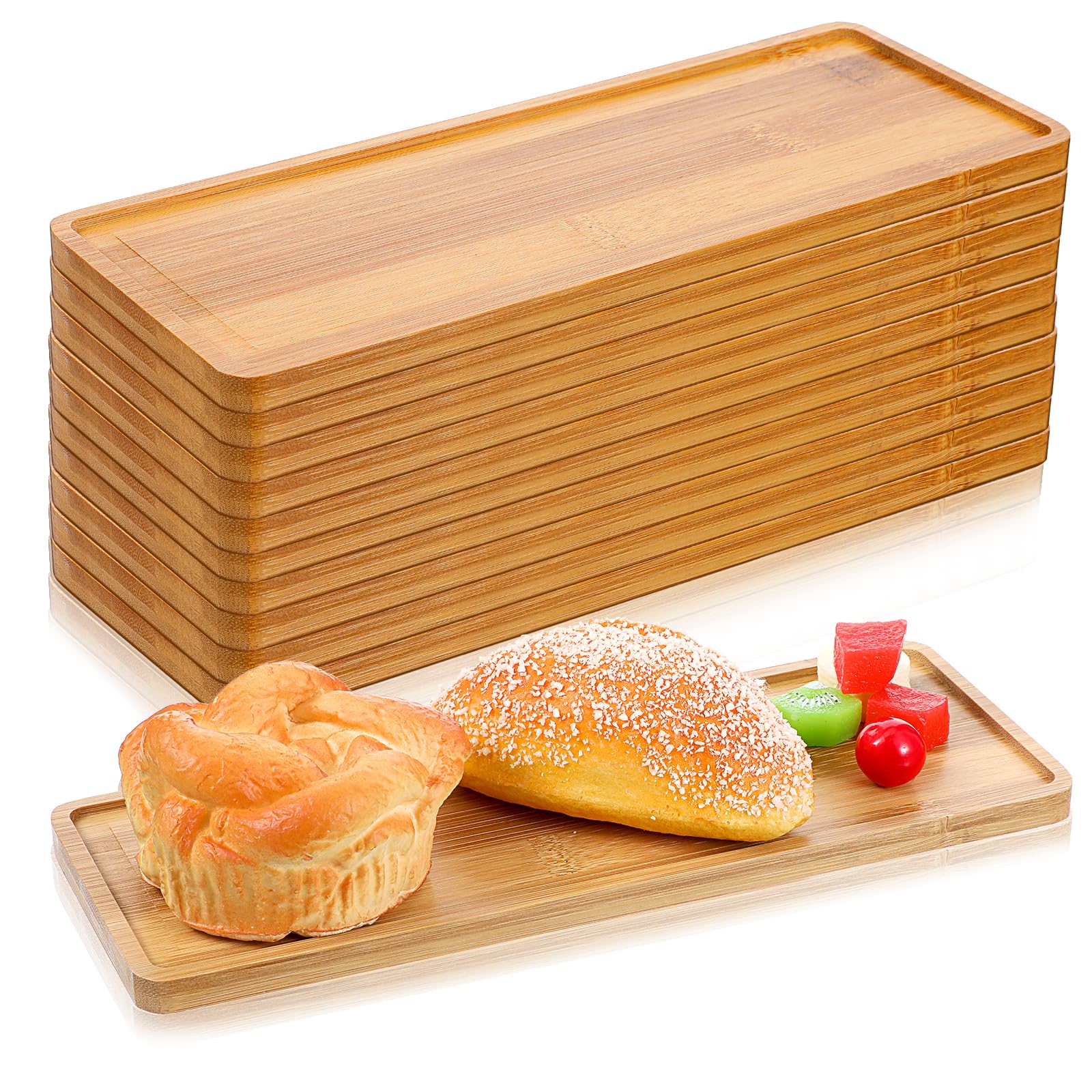 10 bandejas rectangulares de madera de bambú para servir de bambú, bandeja de servir de madera para baño, plato de encimera para comida para cena y cocina