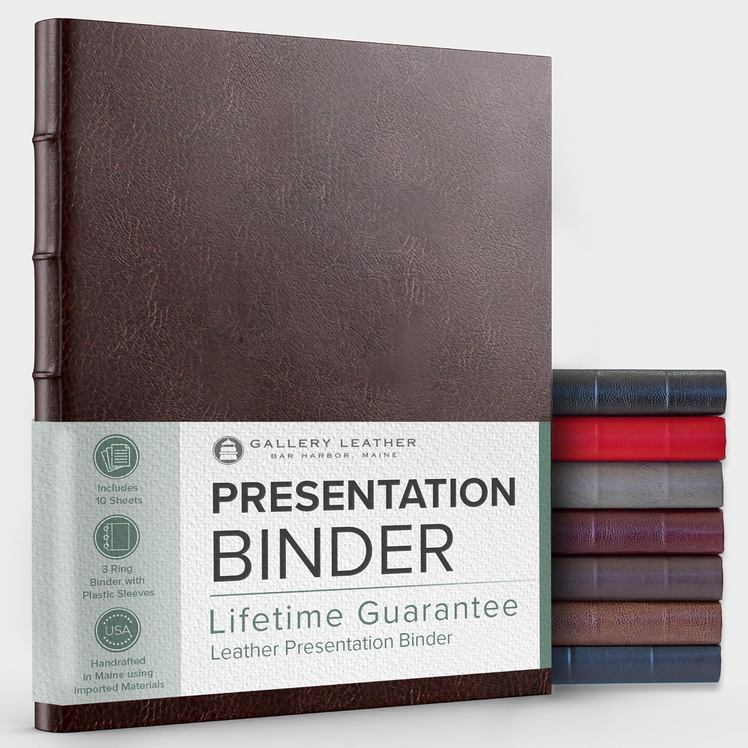 Gallery Leather 3 Ring Binder with Plastic Sleeves, includes 10 Sheets, Sheet Size: 8.5 x 11 - Presentation Binder Rings with Hubbed Spine, Thick: 0.75 Belfast Brown