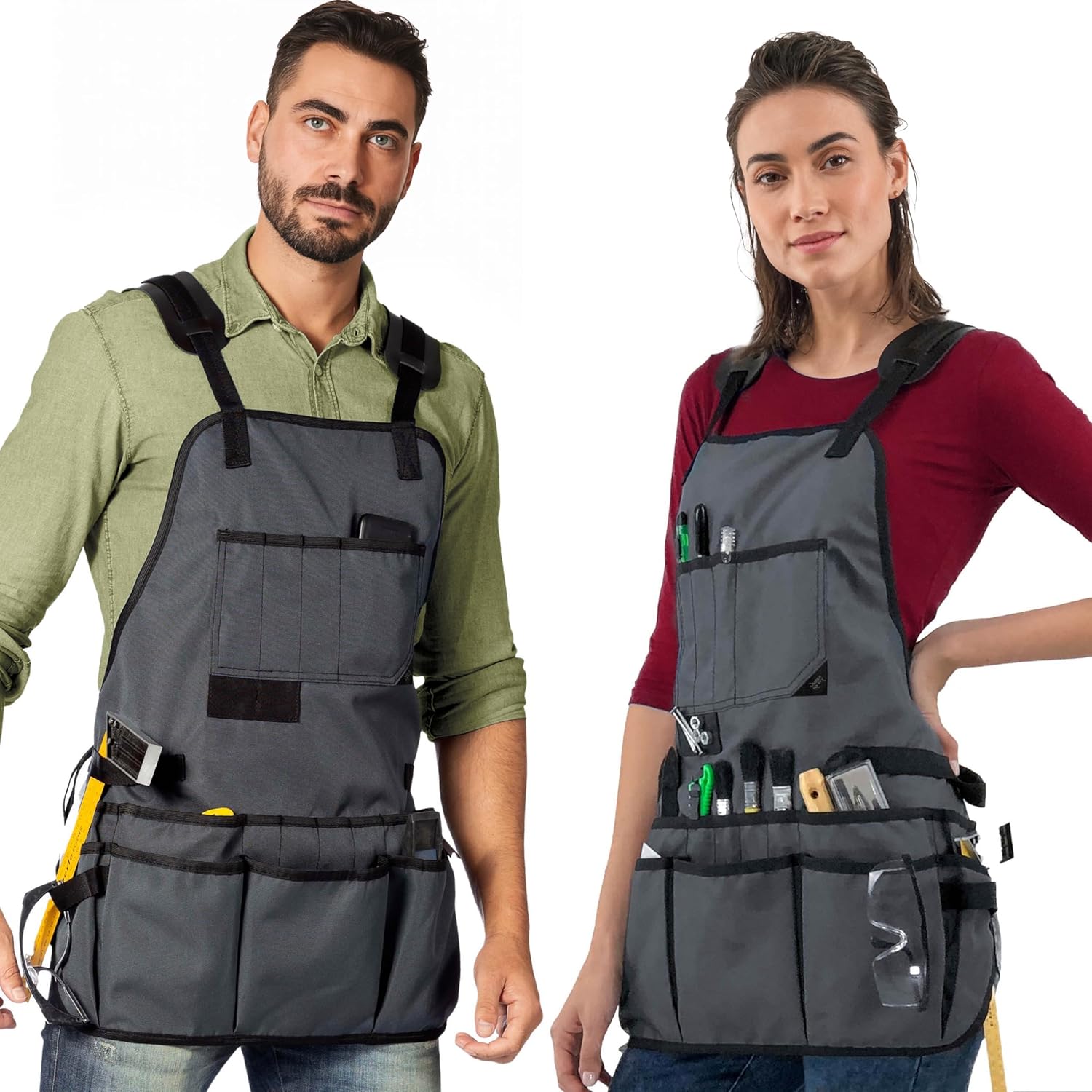 Under NY Sky Tool Apron – Magnetic Tool Holder – Heavy Duty Gray Oxford Canvas – Cross-Back – 18 Pockets – Adjustable for Men, Women – Pro Mechanic, Woodworker, Carpenter, Electrician, Gardener Apron