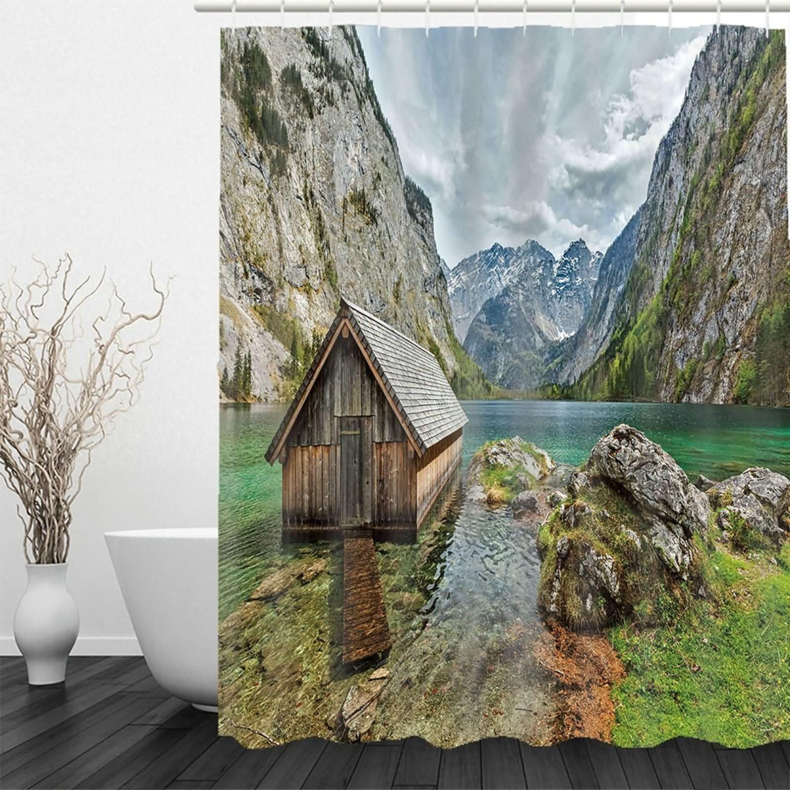 Duschvorhang Textil Grün Grau, See Haus Muster Badvorhang Polyester Anti-Schimmel Schnell Trocknend mit Duschvorhangringen
