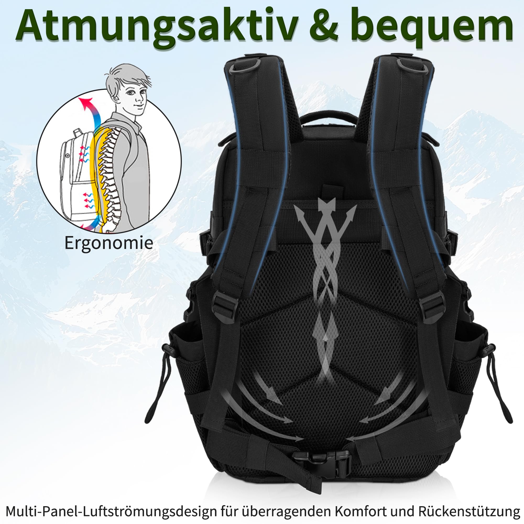 25L Taktischer Rucksack, Outdoor Große Kapazität Assault Pack Bag, Schwarz | Nylon Jagdrucksack,Rucksack für Wandern,Wanderrucksack, Go Bag Rucksack Trekking,Camping und Outdoor Aktivitäten,Wasserdicht