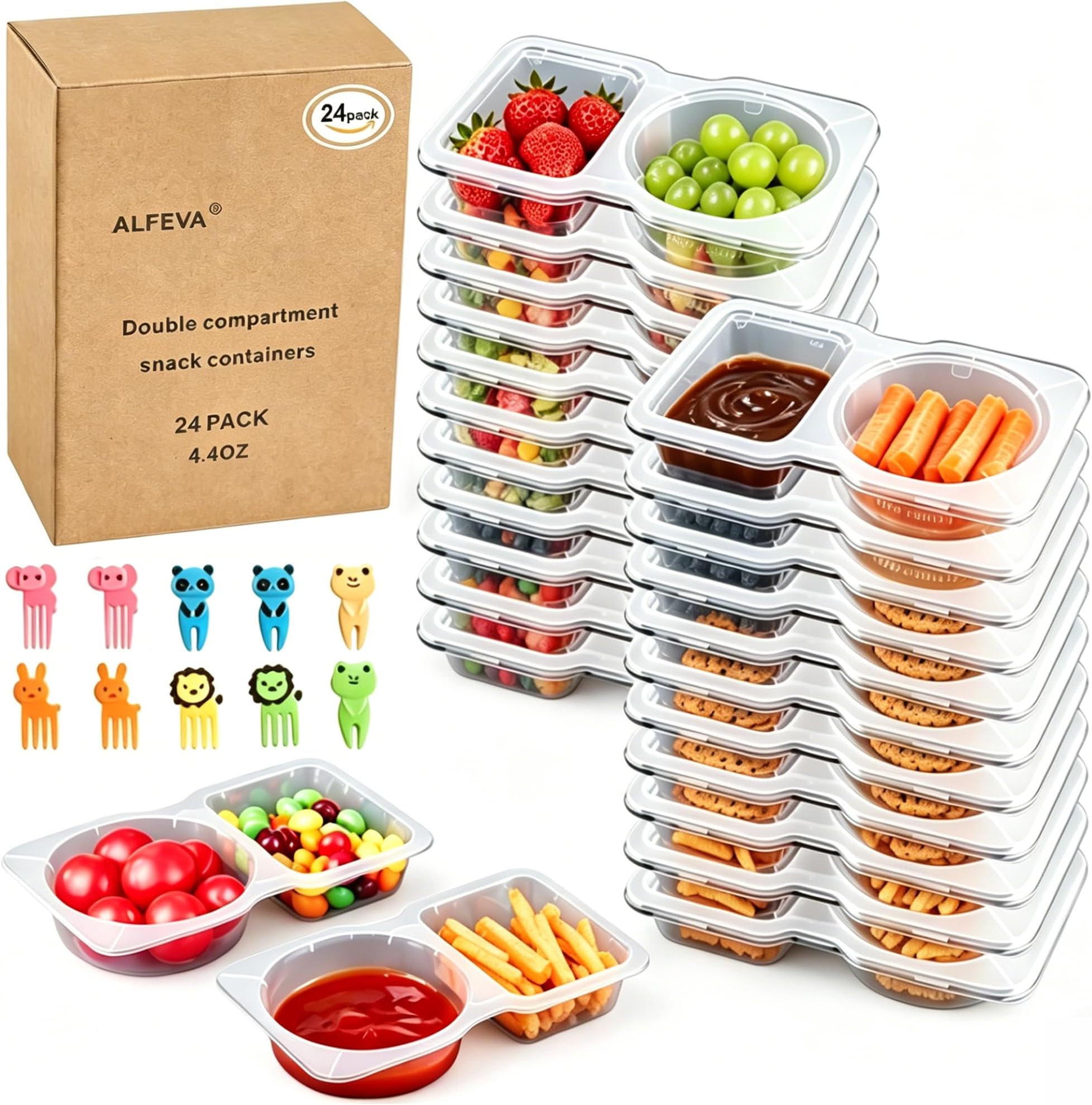ALFEVA 24 Pcs Reusable Snack Containers with Lids Portion control, Meal Prep Containers for Kids adults On the Go Meals, 10 Forks, Lunchable Snack Pack Containers for Travel - Camping Essentials