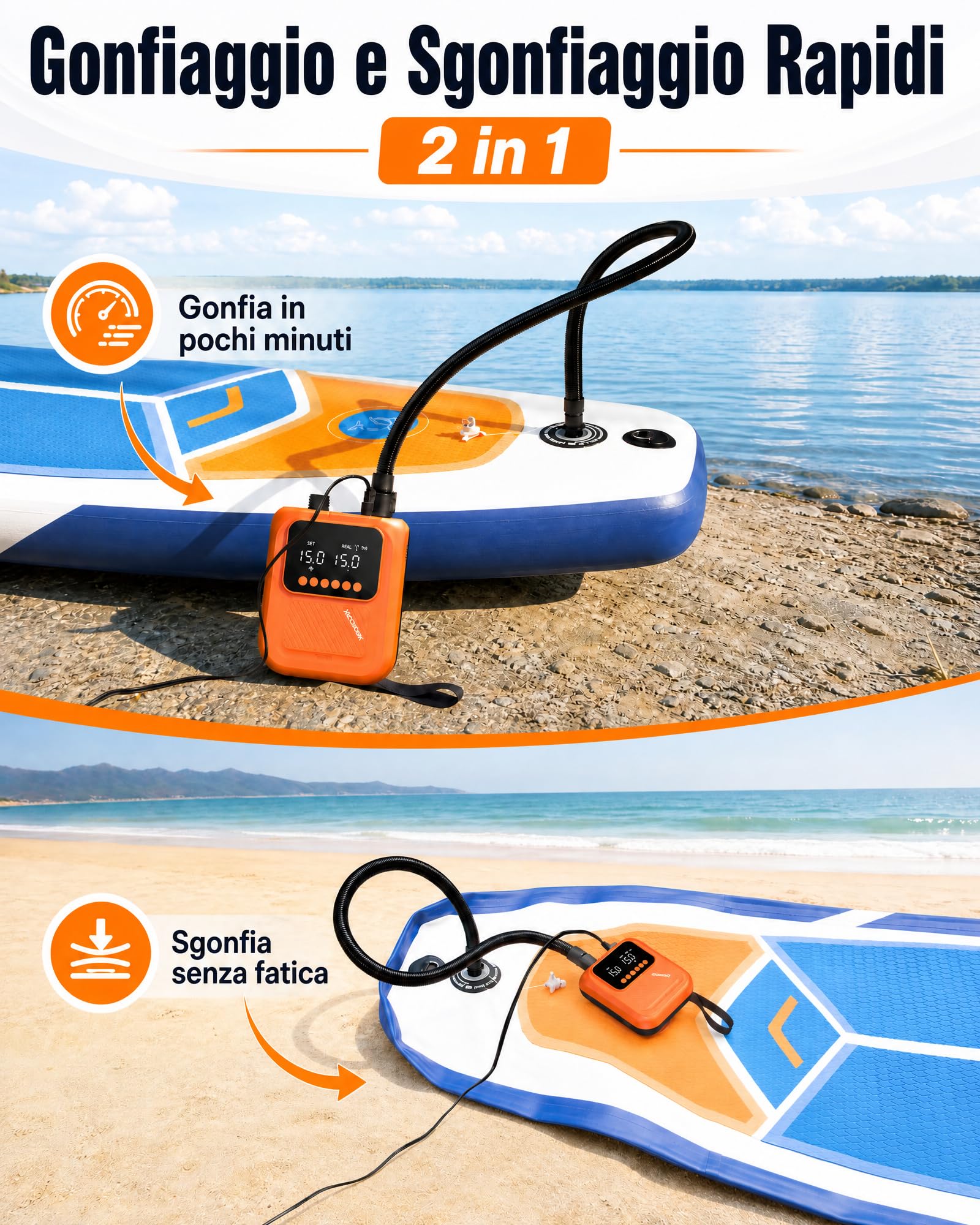 Pompa Elettrica SUP 20 PSI 12V per Auto con Spegnimento Automatico e Display Digitale, Pompa Inflazione e Deflazione con 7 Ugelli per Kayak, Materassini, Gommoni e Tende