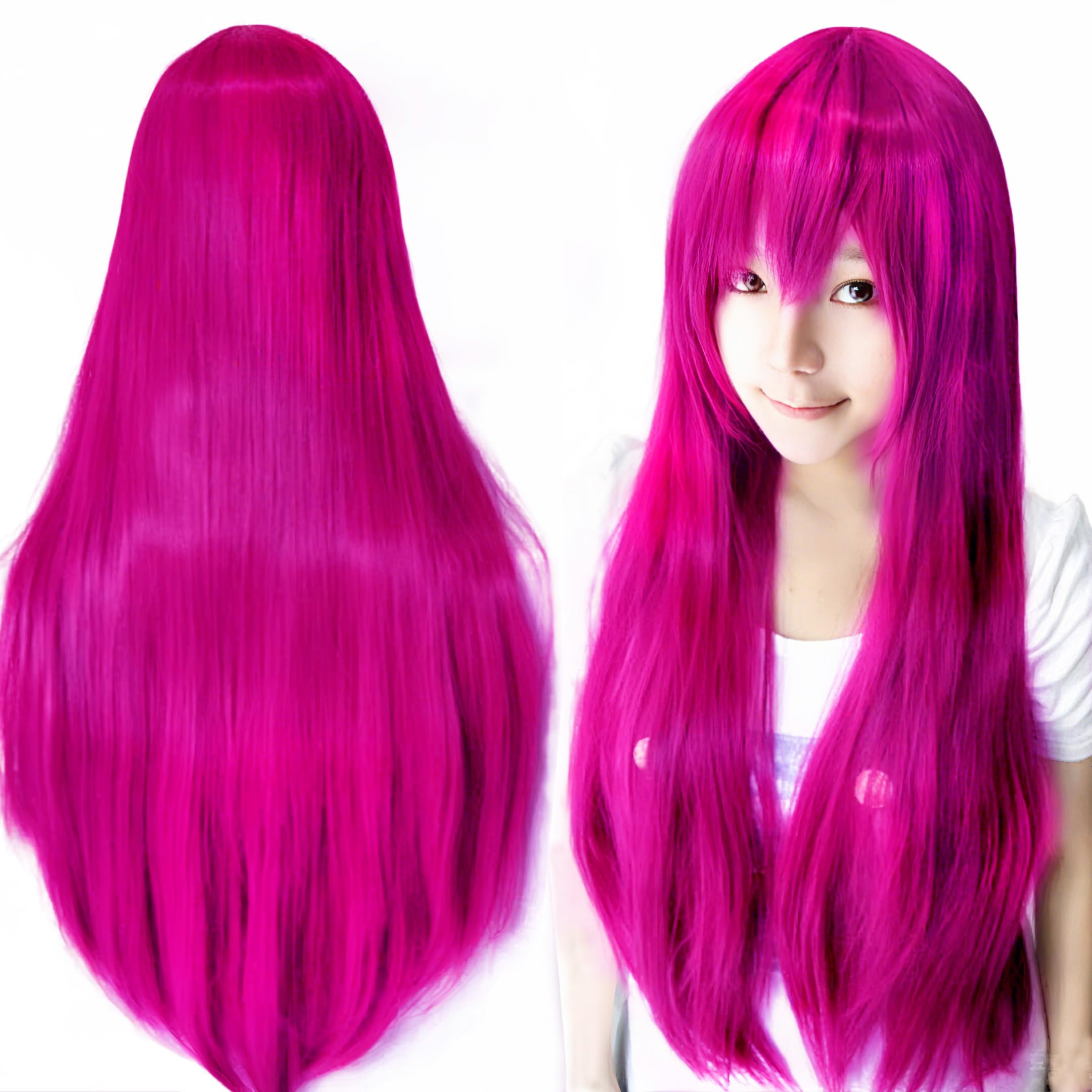 IMISSU 80cm Long Straight Natural Hair Cosplay Wigs with Bangs Colorful Halloween Costume Party Wig for Women (Rose)