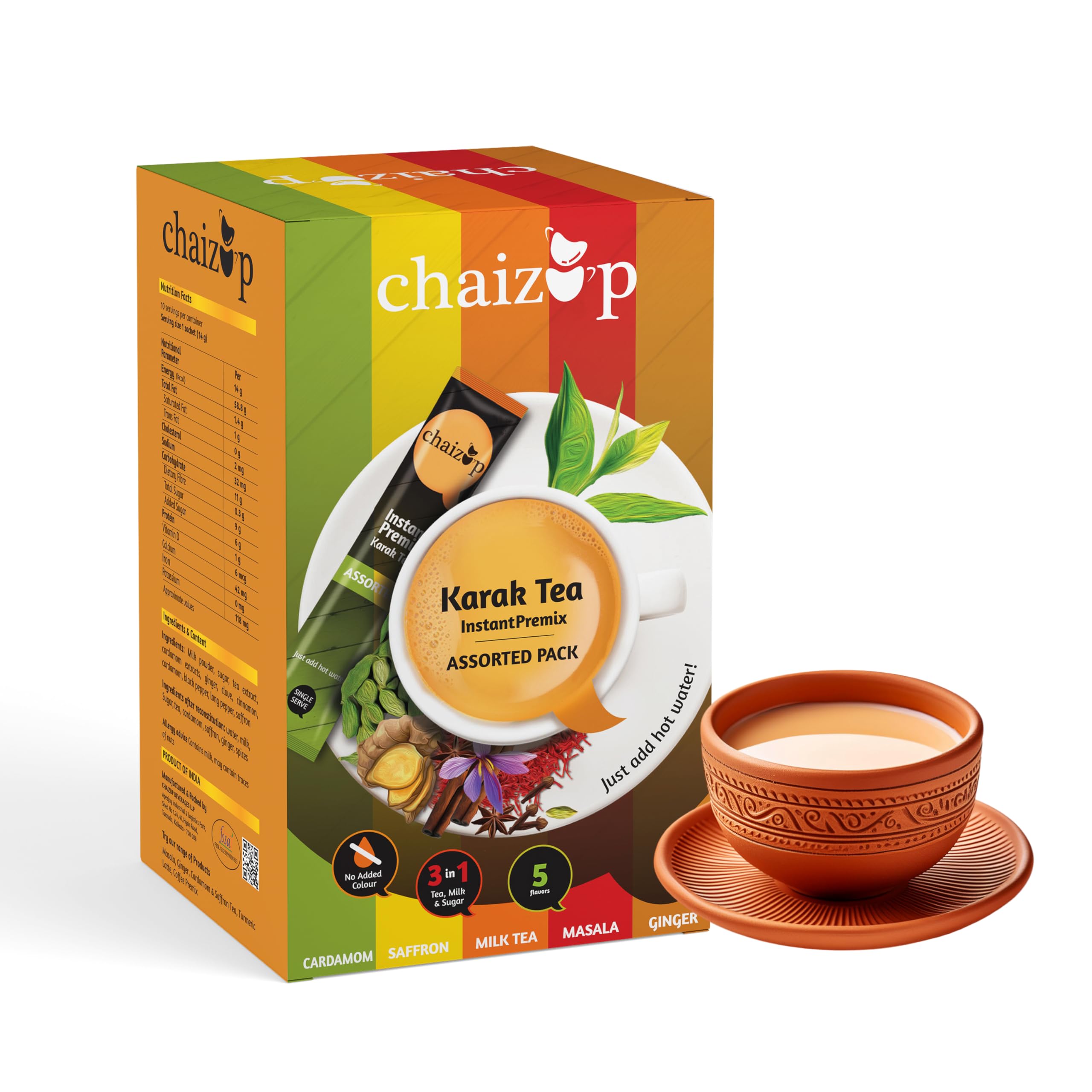 Chaizup Premium 1 Min Instant Karak Tea Premix – Assorted Pack (12 Sachets, 5 Flavors) | Milk Tea, Saffron, Ginger, Masala, Cardamom | 12 Sachets