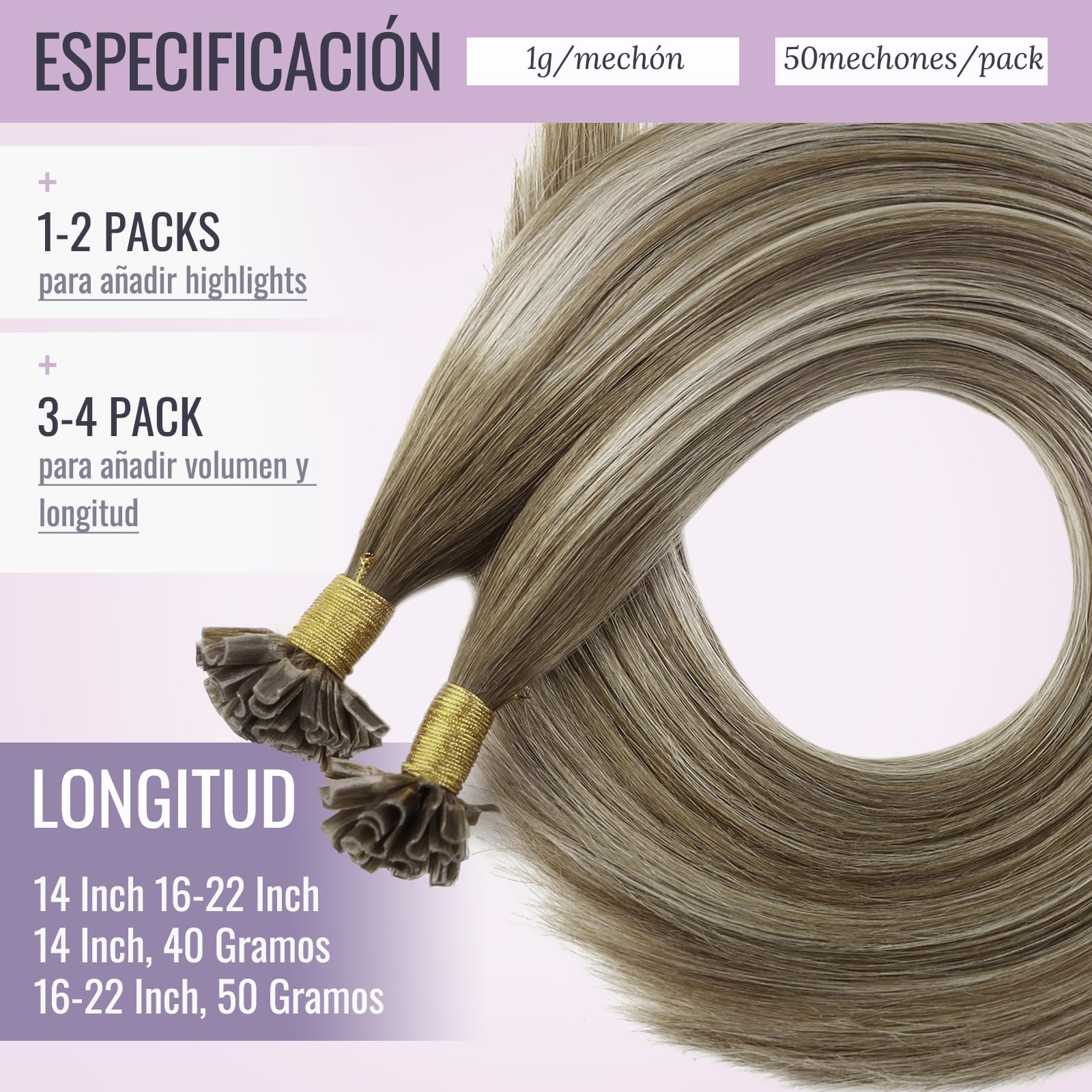 Fshine Pre Bonded Fusion Extensions de Cabello 18 Pulgadas 45CM 50g Remy Cabello Humano Rubio Ceniza Mezclado con Blanqueador Rubio Recto Extensions de Cabello Queratina Color 18P613