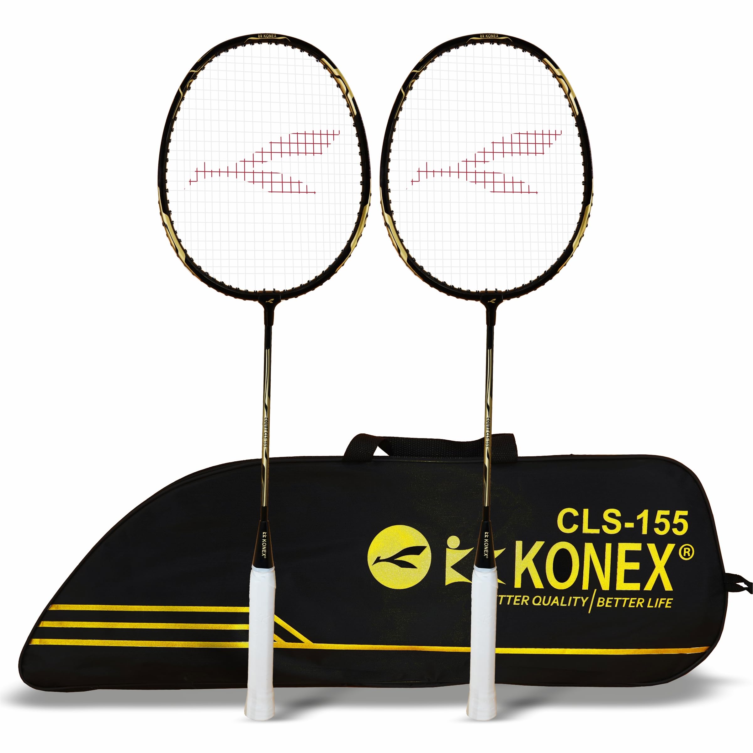 Konex Aluminium Badminton Racquet | Optimized String Tension, Ergonomic Grip & Durable Frame | Full Cover Included - Black (Pack of 2)