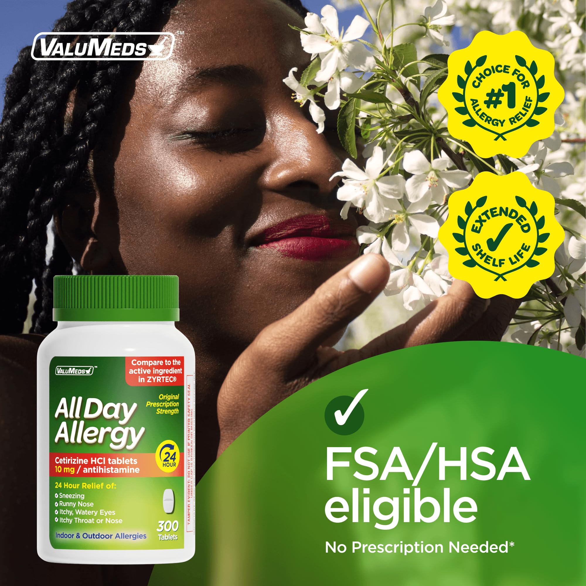 ValuMeds 24-Hour Allergy Medicine Antihistamine for Pollen, Hay Fever, Dry, Itchy Eyes, Allergies | Cetirizine HCl 10mg Caplets, Compare to Leading Brand (300 Count) — Amazon image 6
