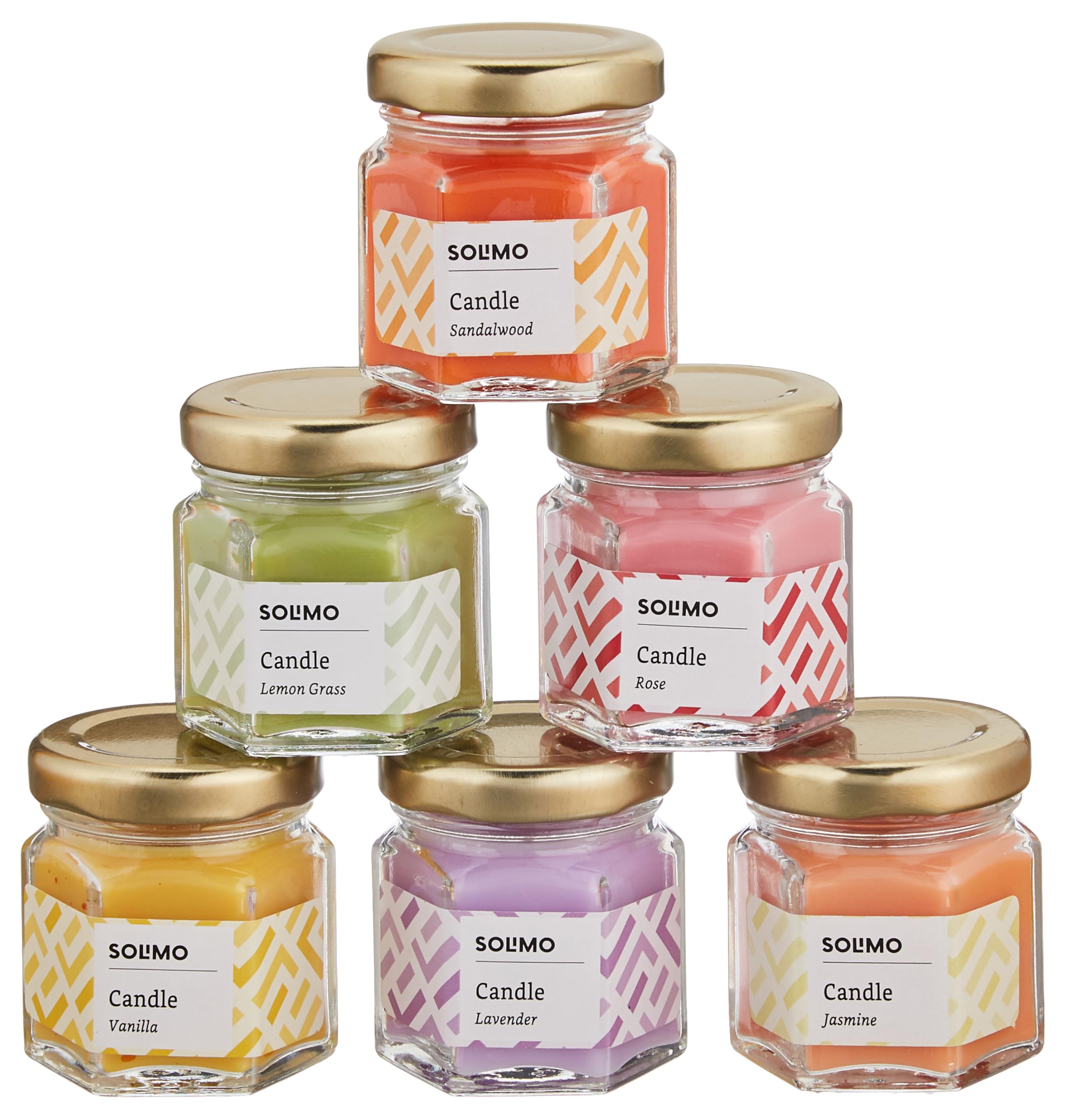 Amazon Brand - Solimo Glass Candle with Gold Lid, Scented, Smokeless, No Residue(Set of 6, Multicolour, Unscented)