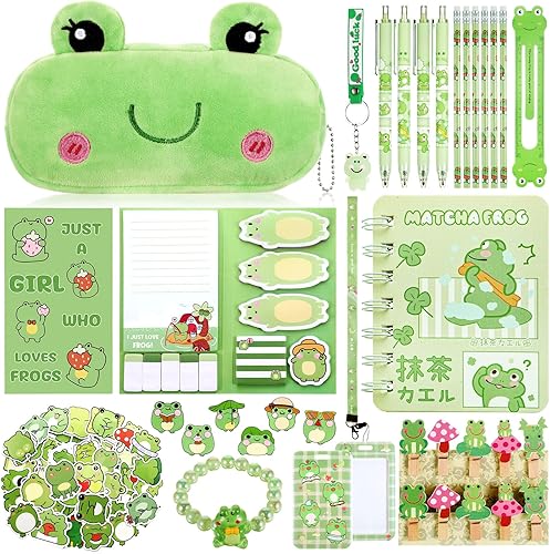 Resurhang Juego de 78 suministros de papelería de rana para niñas y niños, estuche para lápices, lápices, regla, llavero, estuche para tarjetas,