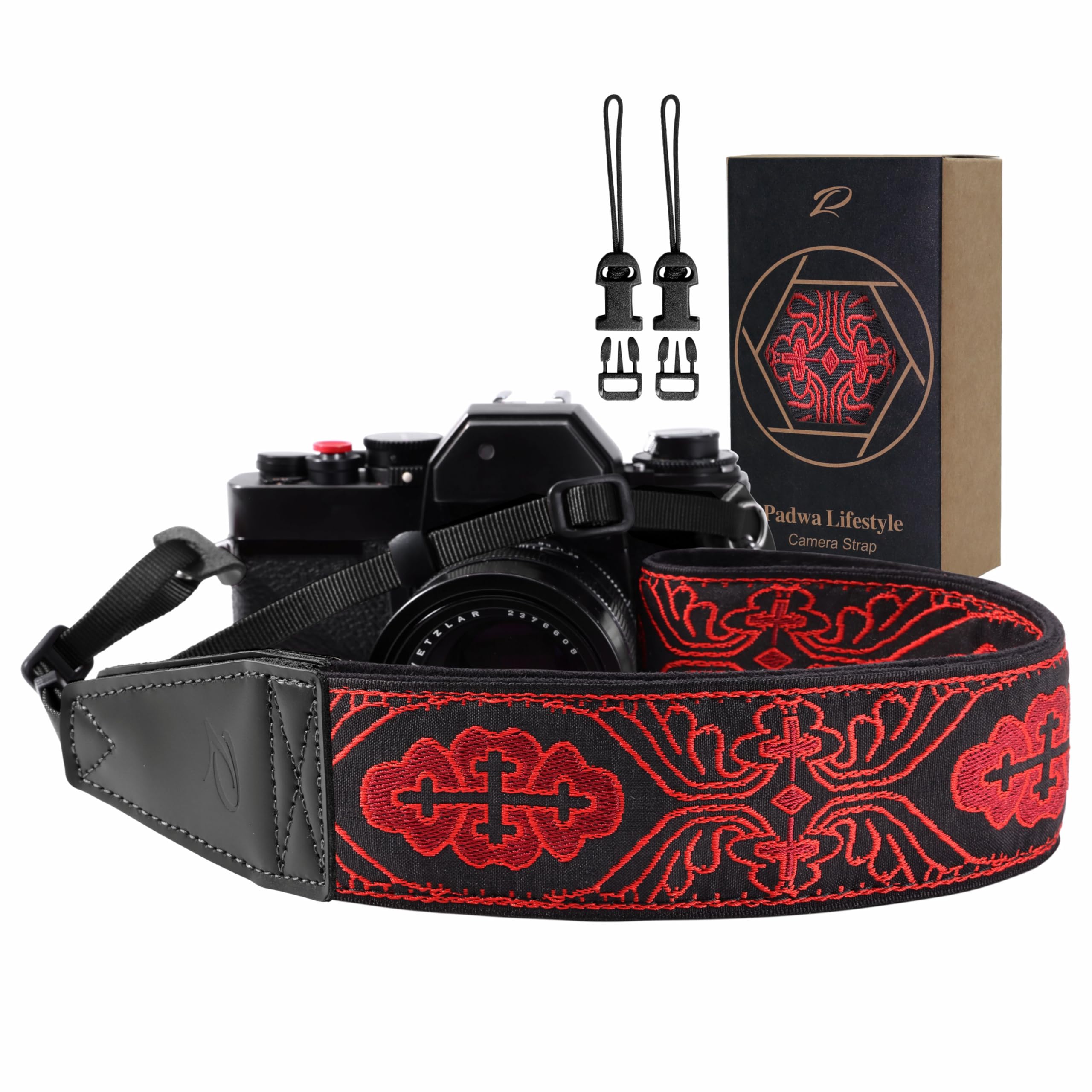 Padwa Lifestyle Camera Strap - 2" Full Grain Leather Ends Camera Straps for Photographers, Vintage Red Embroidered Cotton Weave Soft Suede Fabric