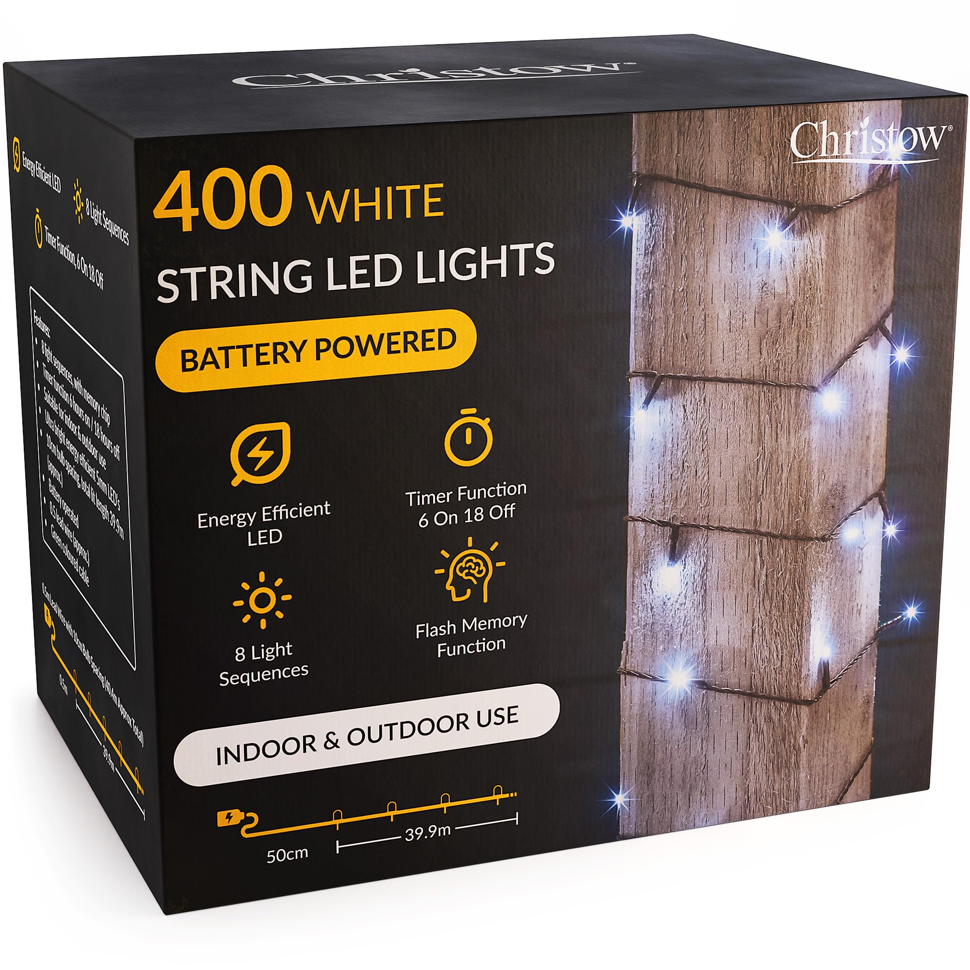 Christow White Christmas Fairy Lights Battery Operated, Led String Lighting With Timer, Indoor & Outdoor, 8 Light Modes Flashing & Static, Green Cable (400 Led / 40M Lit Length)