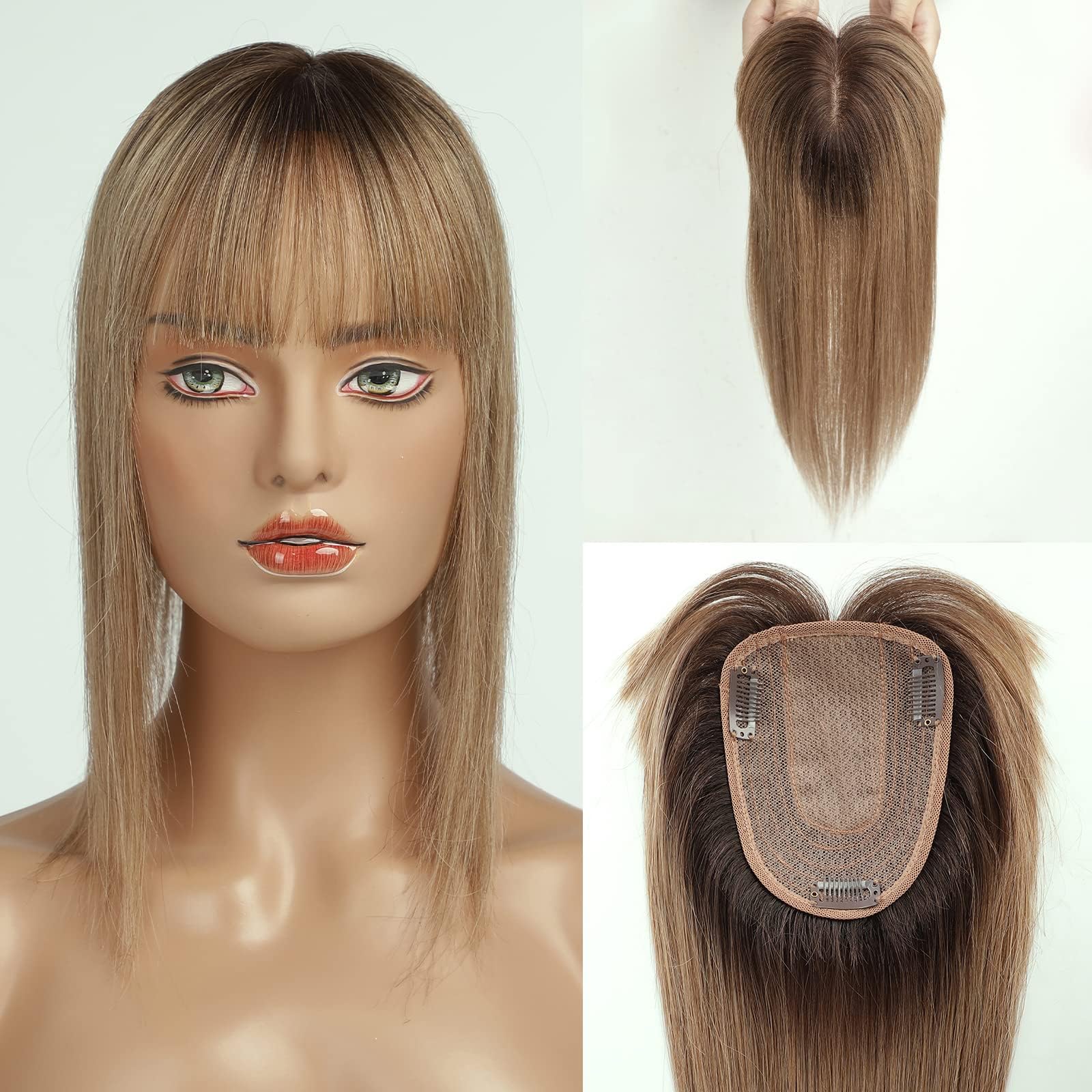 EMMOR Haartopper für Frauen, Haarverlustabdeckung, Haarverdichtung für Frauen mit dünner werdendem Haar, Echthaar, 150% Dichte, Seidenbasis, drei Clips im Topper, 14 Zoll, Farbe 4#.