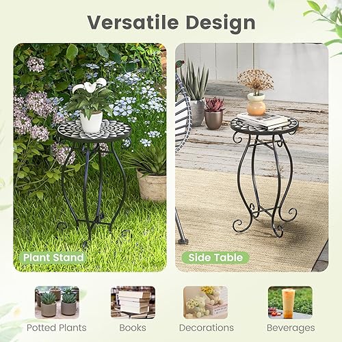 Miniatura 8 de Giantex Mesa auxiliar para exteriores, mesa de patio de mosaico, mesa decorativa de 12 pulgadas, soporte para plantas interiores, marco de metal con