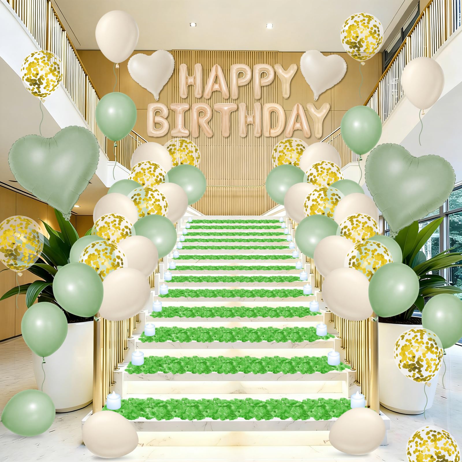 Ballons décoratifs vert sauge « Happy Birthday » - Bannière de ballons d'anniversaire avec ballons en forme d'étoile - 24 bougies LED sans flamme - Pour chambre, hôtel, fête